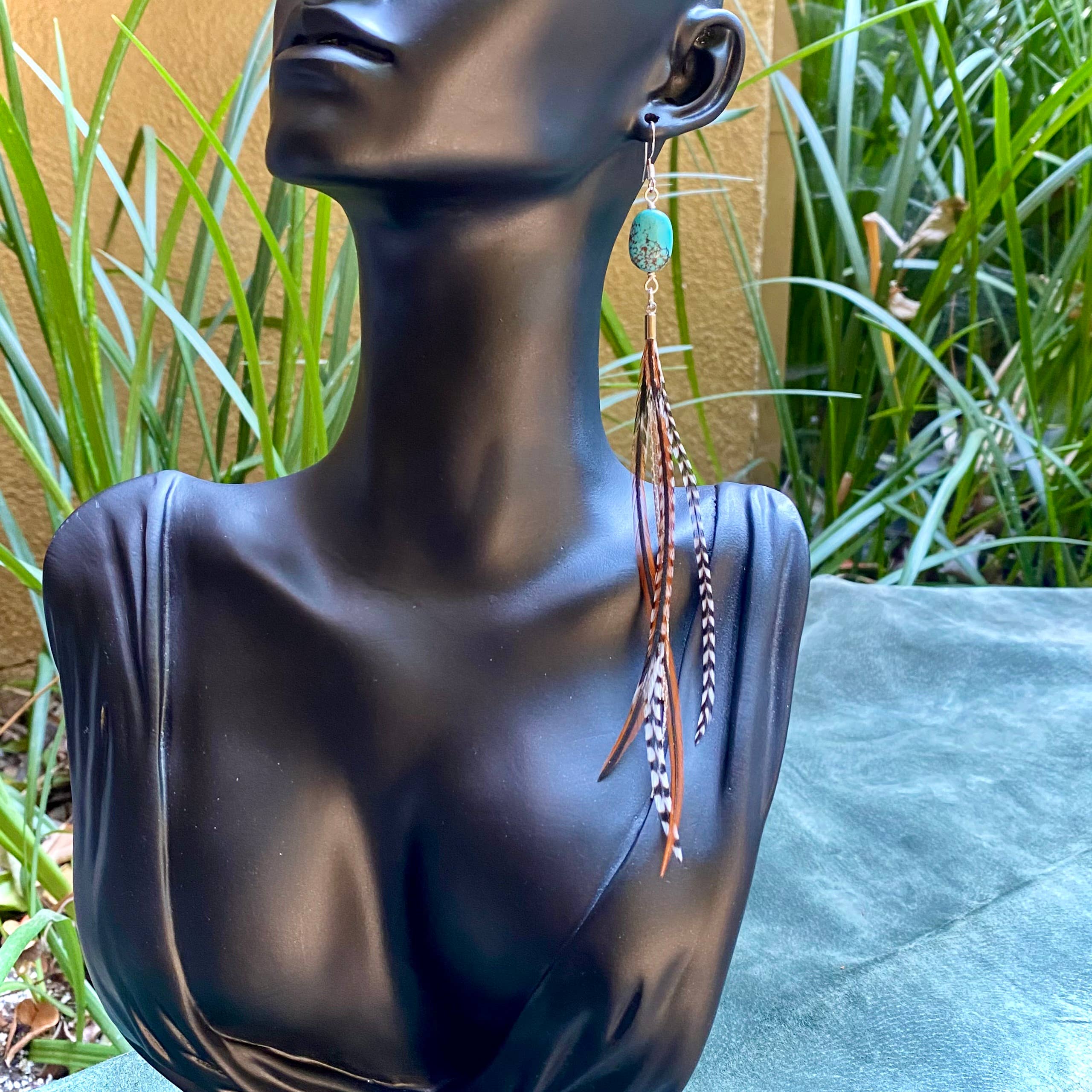 Turquoise & Mini Feather Earrings - Grizzly & Fawn/Silver: Grizzly & Fawn / Silver