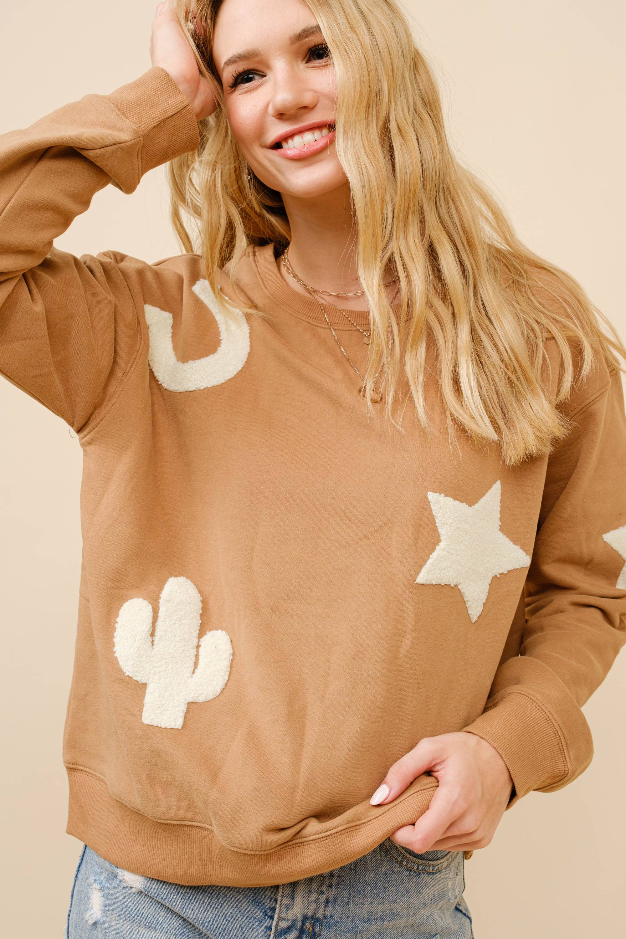 Western Textured Patchwork Sweatshirt, Tan
