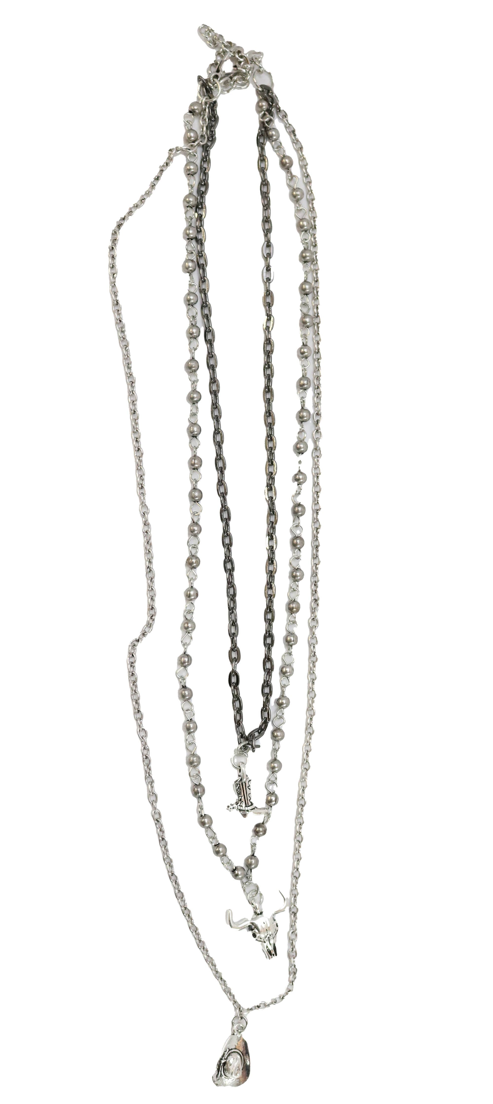 Cowboy Boot, Skull and Cowboy Hat Multi Layer Necklace