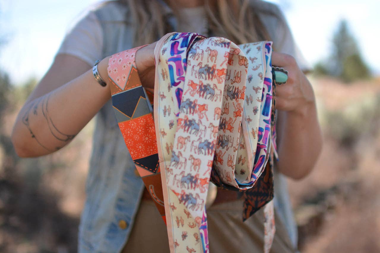 Western Harvest in Dusty Rose Silk Twilly Cowgirl Scarf - Western Harvest in Deep Juniper Silk Twilly Cowgirl Scarf