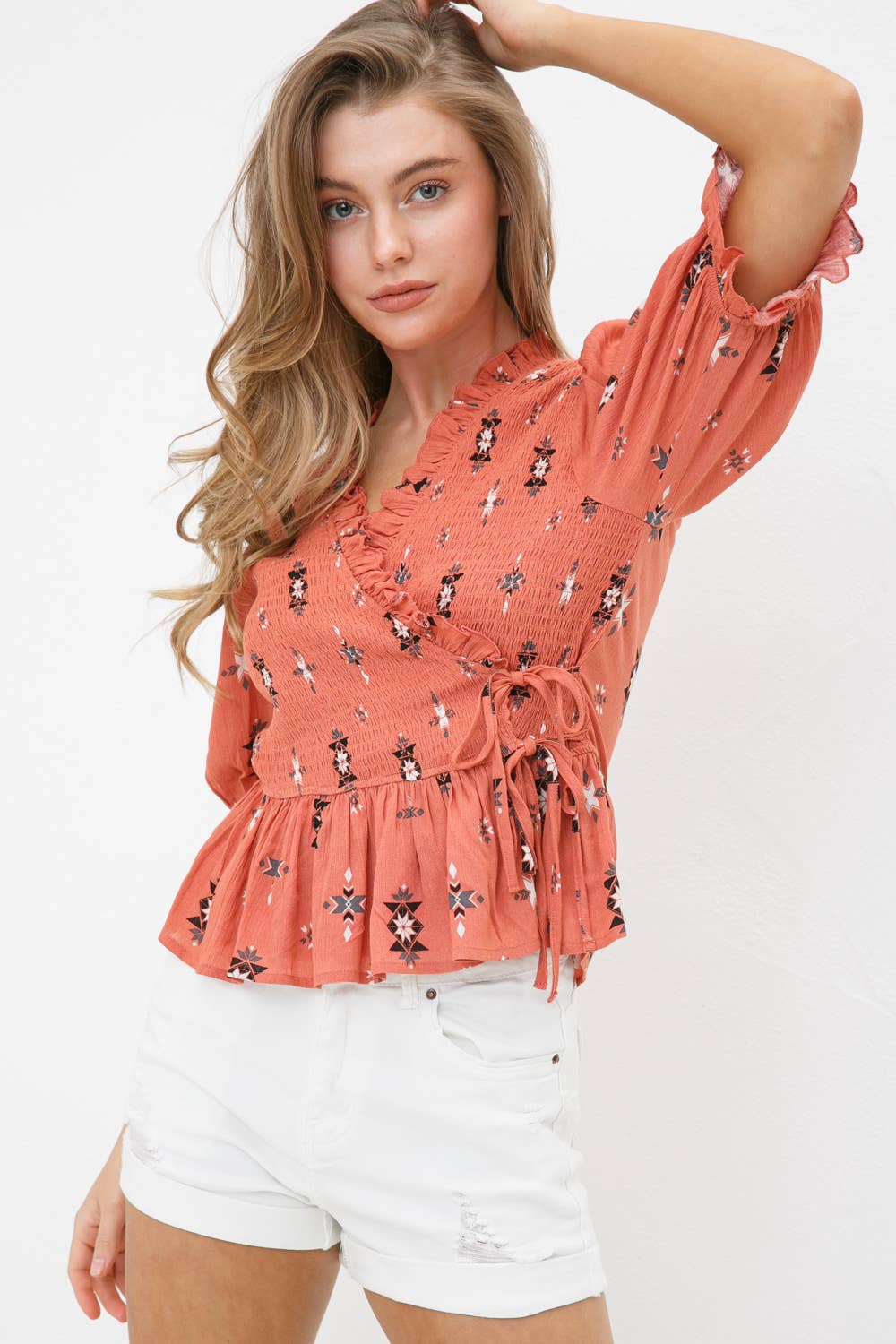Aztec Geo Rayon Dobby Smocked Wrap Ruffle Peplum Top