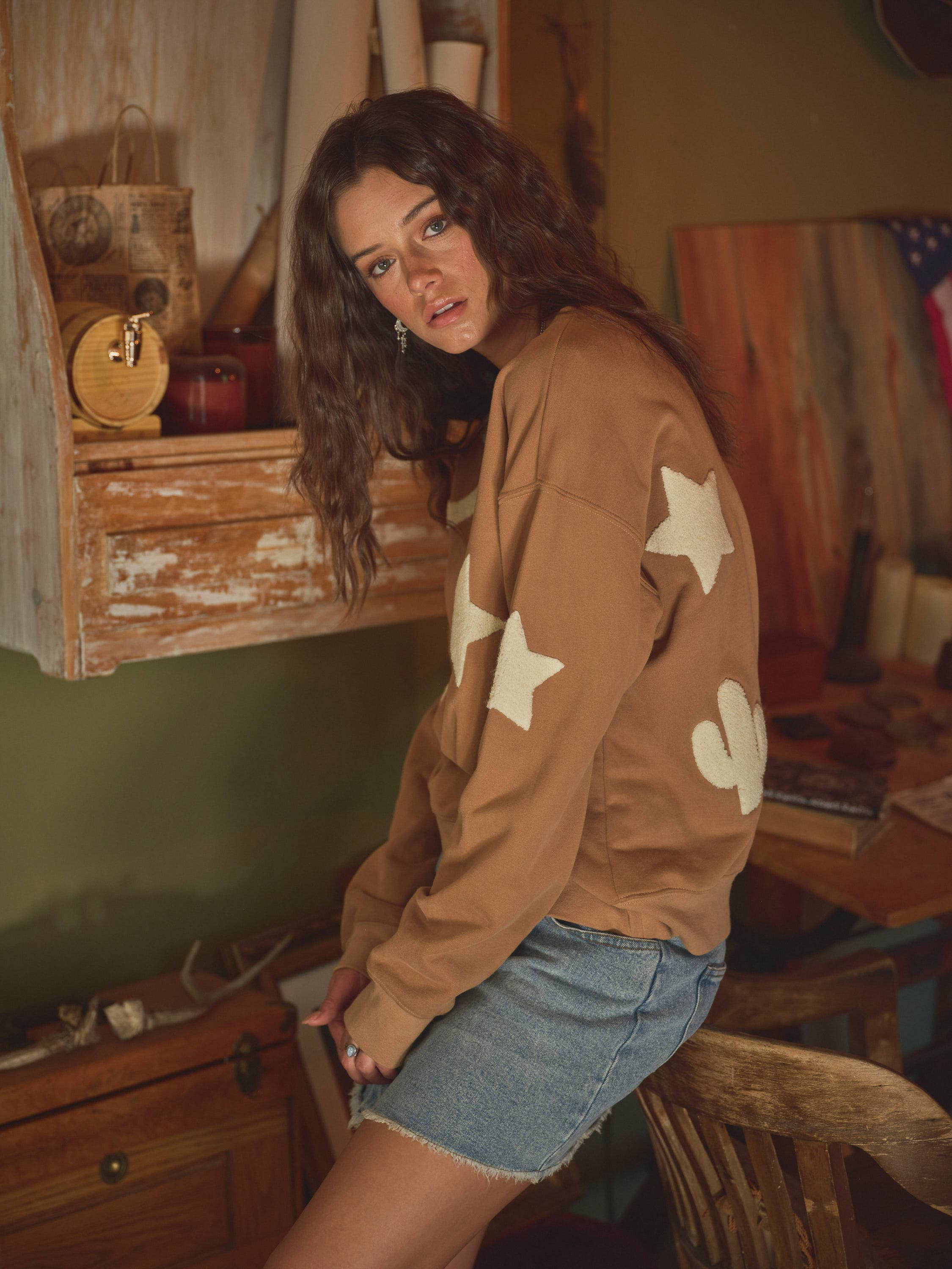 Western Textured Patchwork Sweatshirt, Tan