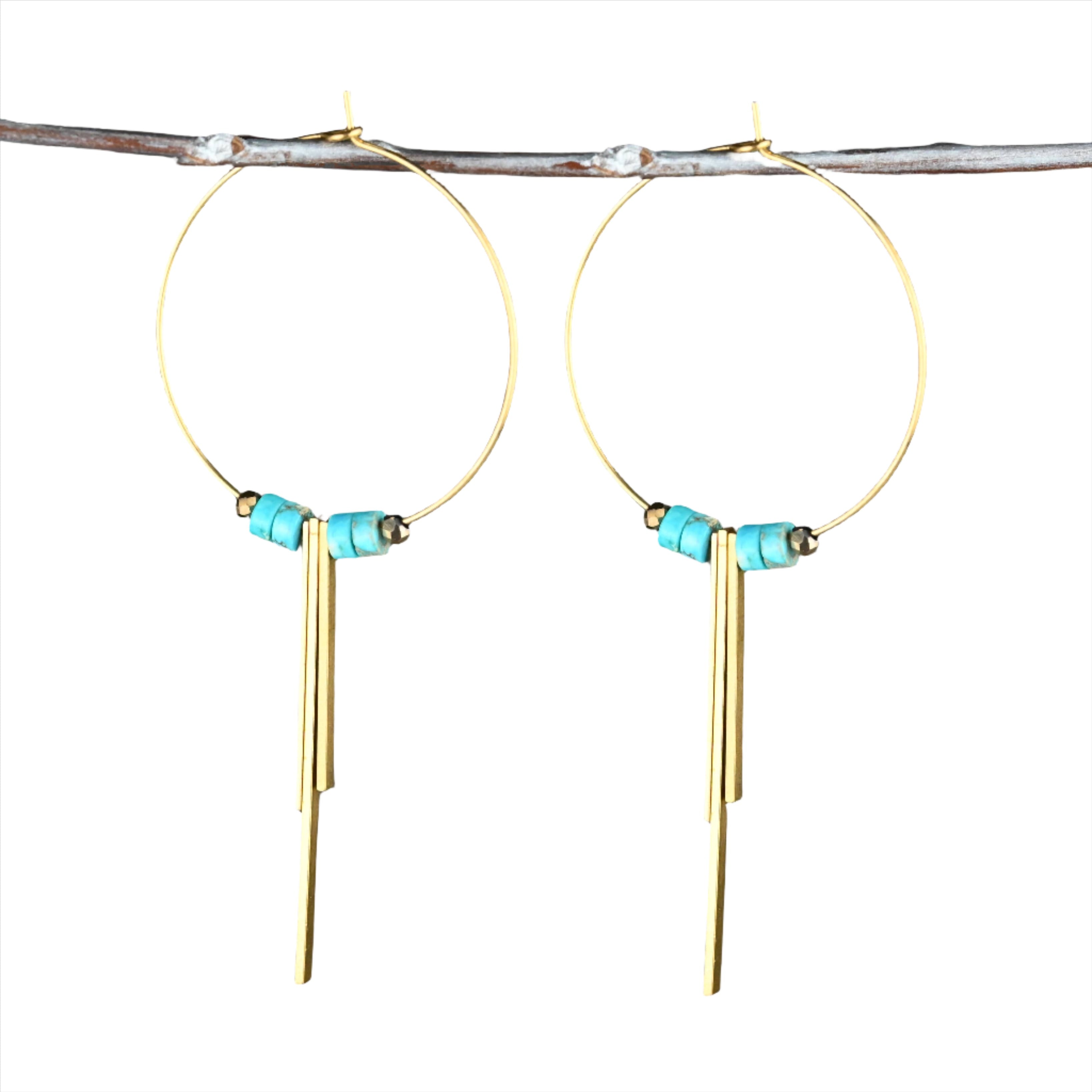 Turquoise Triad Brass Hoop Earrings