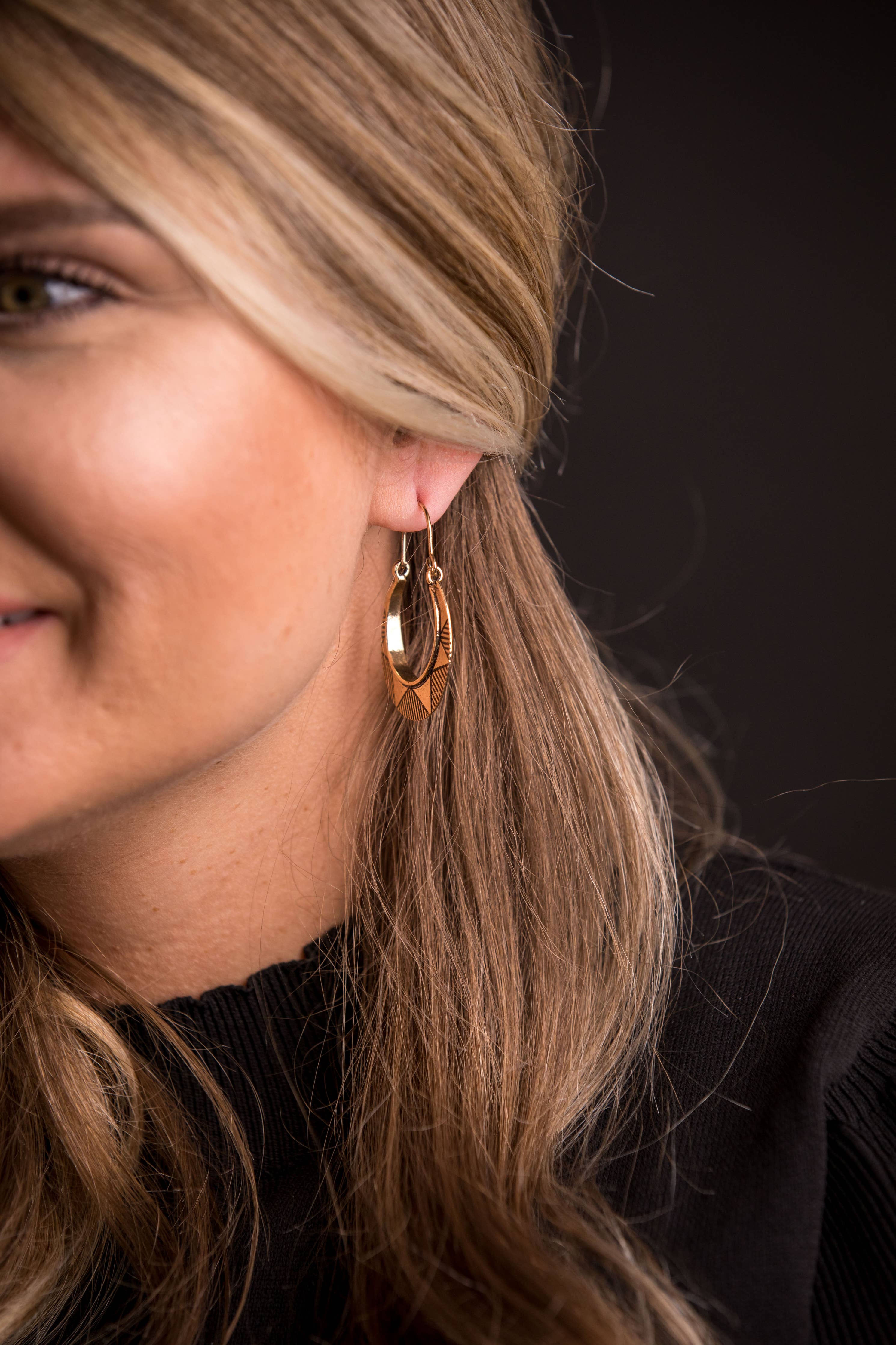 Burnished Gold Sun Stamped Hoop Earrings