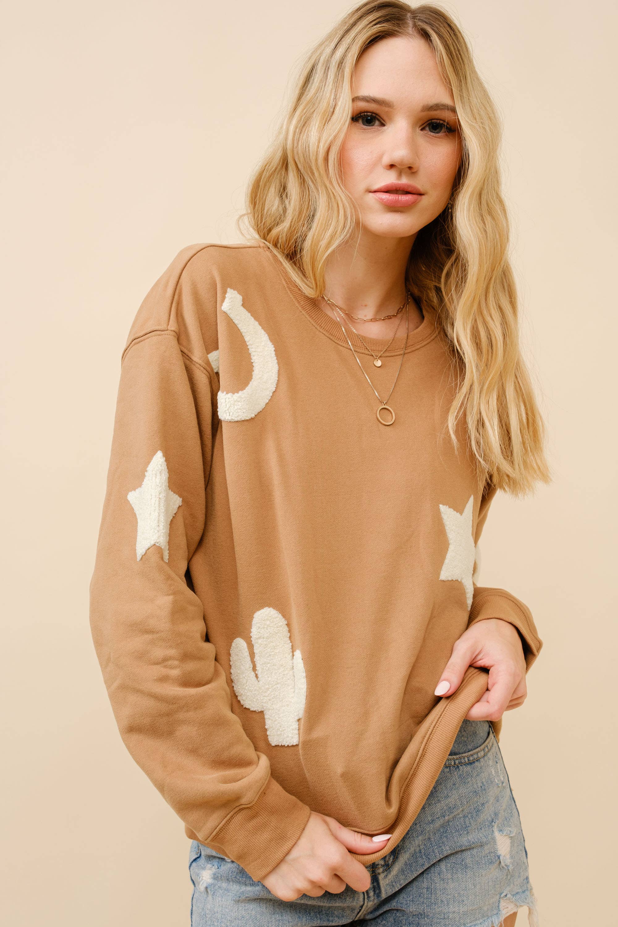 Western Textured Patchwork Sweatshirt, Tan