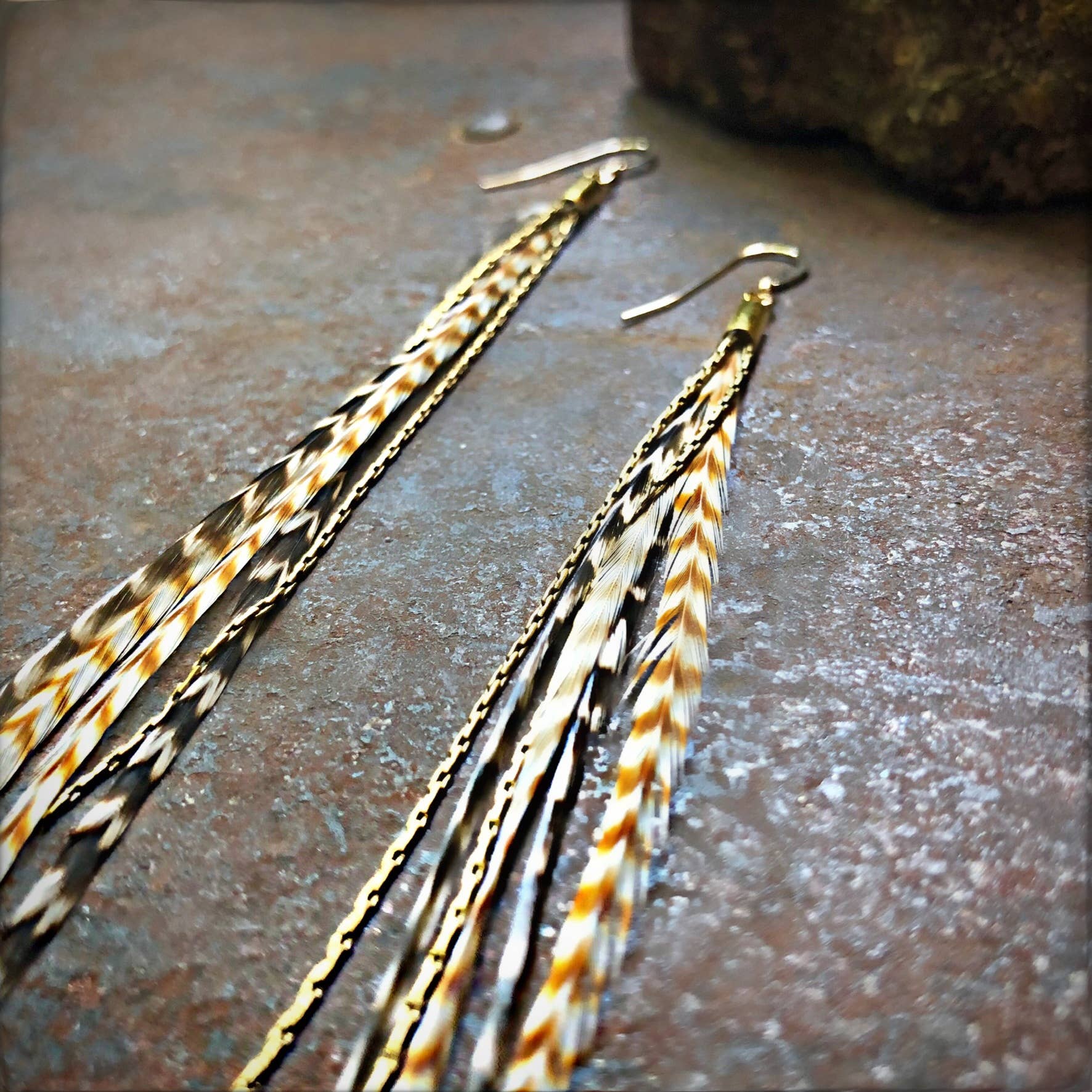 Mini Feather Earrings - Grizzly & Ginger/Gold, Boho Western: Grizzly & Ginger / Gold