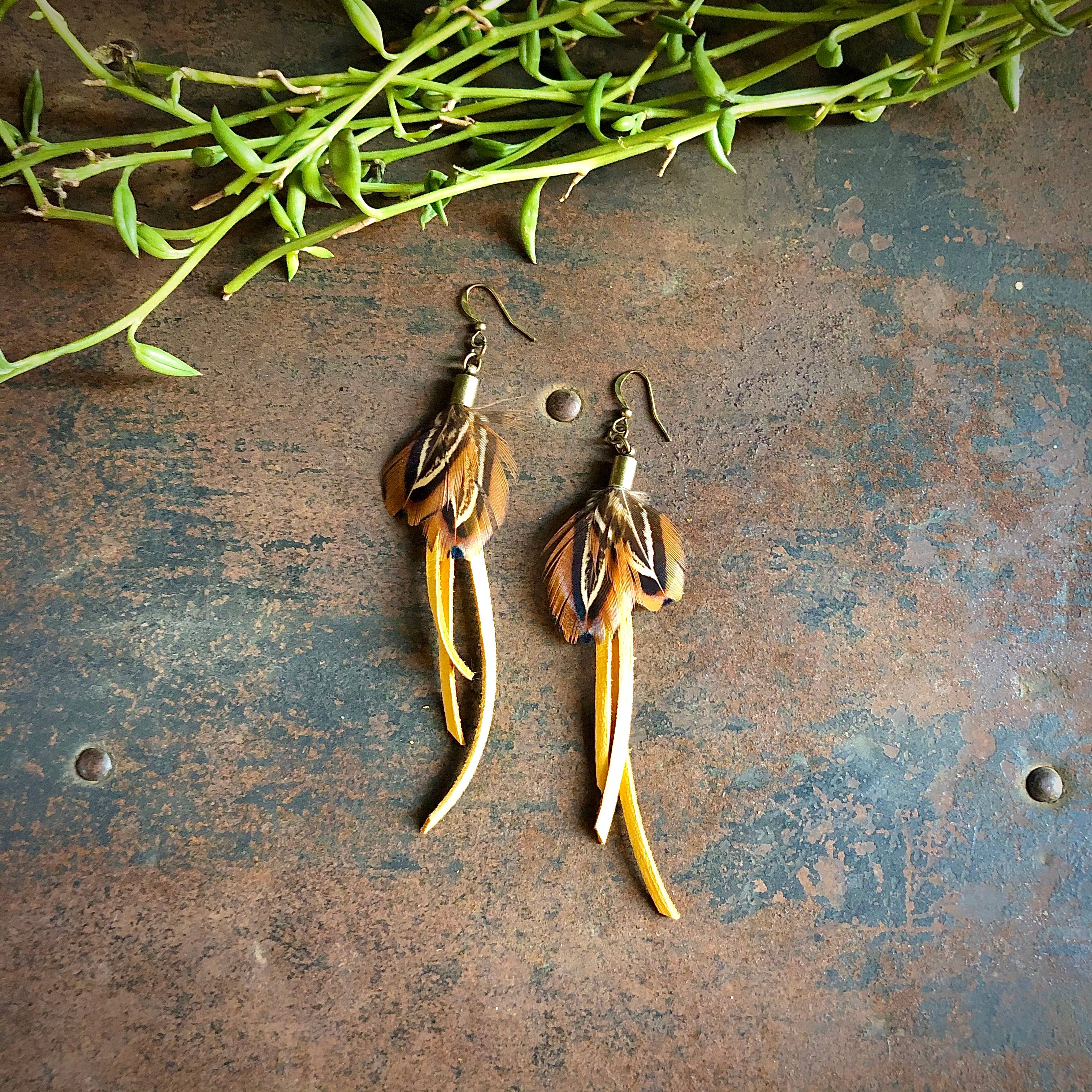 Gold Leather & Pheasant Feather Earrings