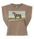 Brown crop top with a horse graphic on a white background