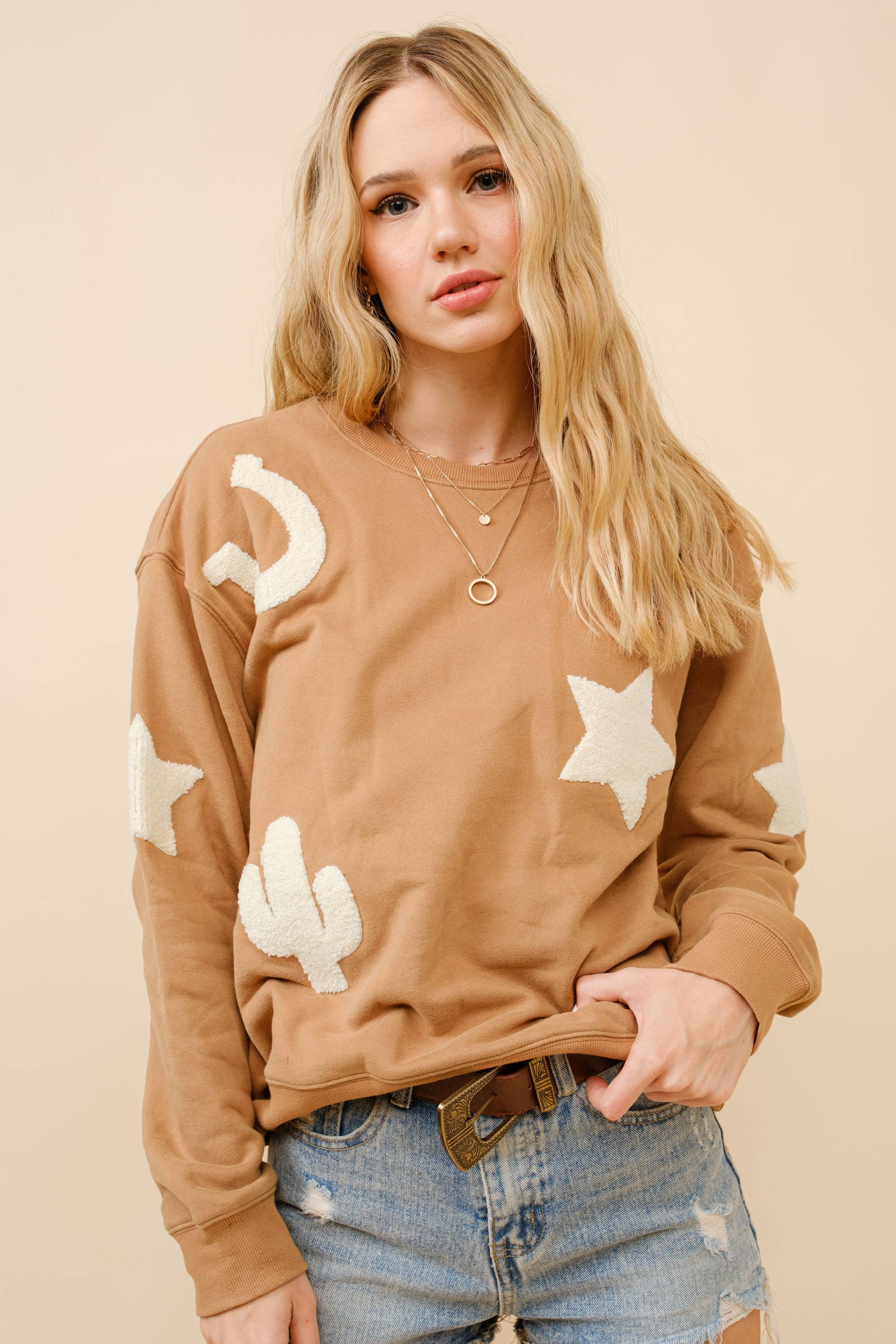 Western Textured Patchwork Sweatshirt, Tan