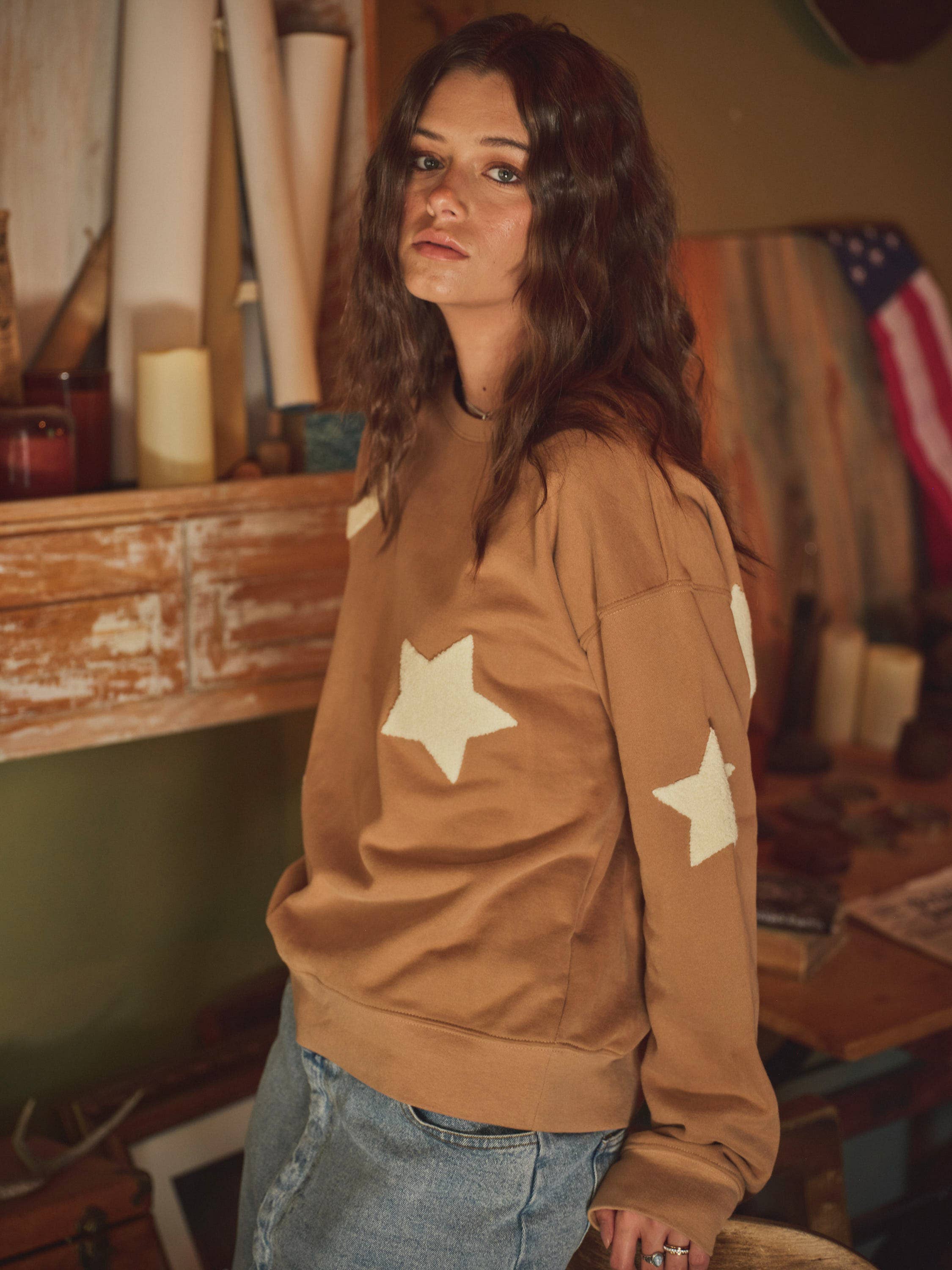 Western Textured Patchwork Sweatshirt, Tan