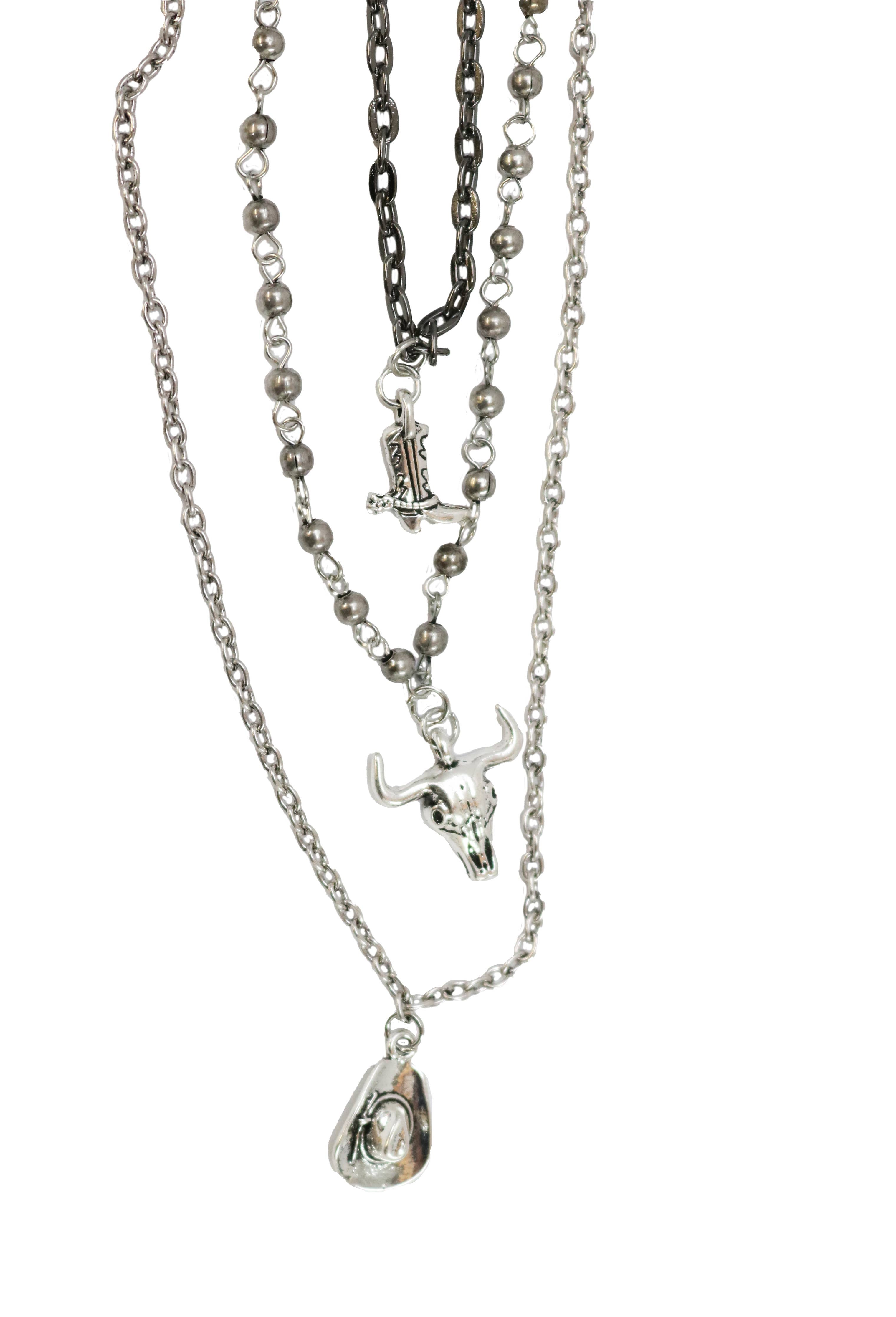 Cowboy Boot, Skull and Cowboy Hat Multi Layer Necklace