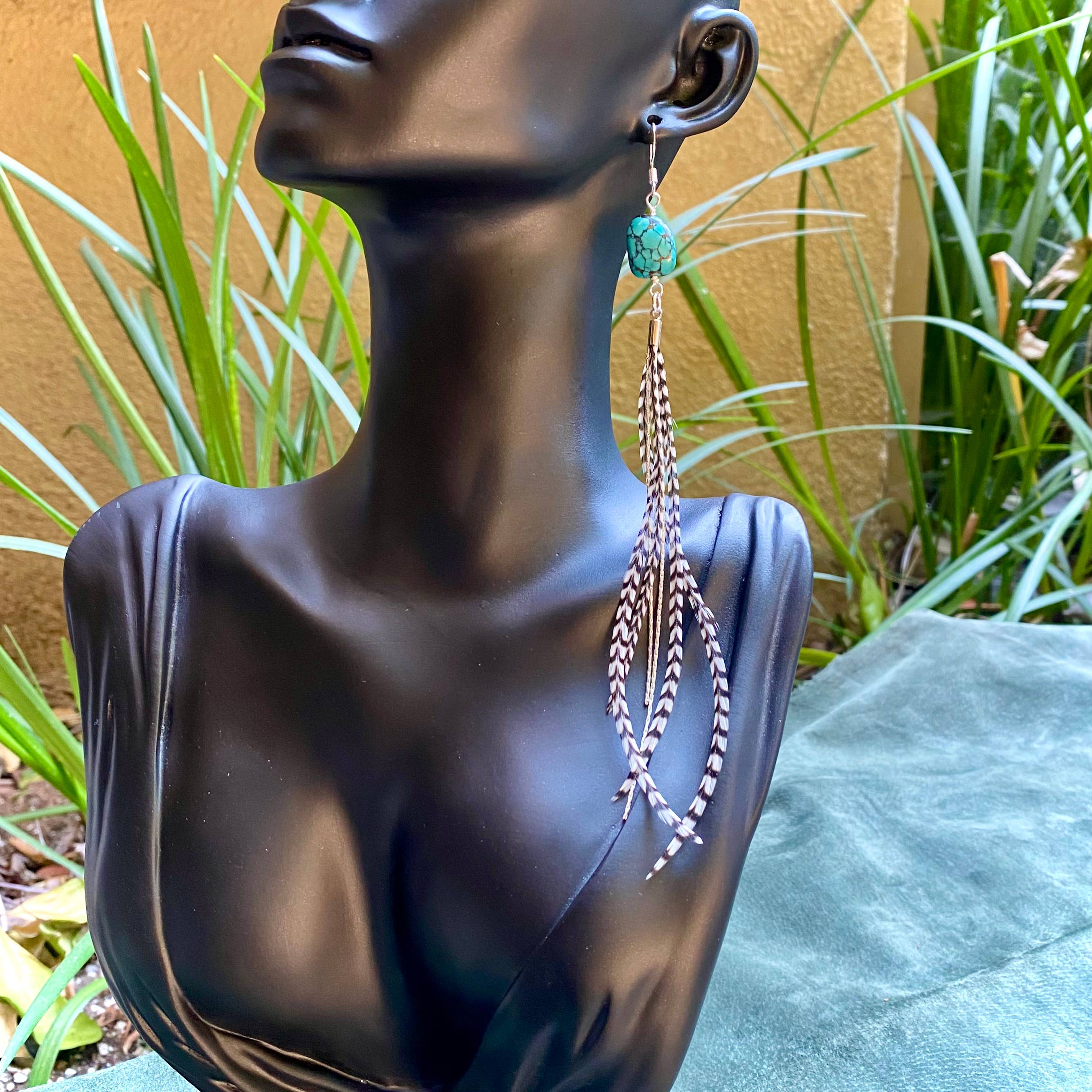 Turquoise & Mini Feather Earrings - Grizzly/Silver, Western: Grizzly / Silver