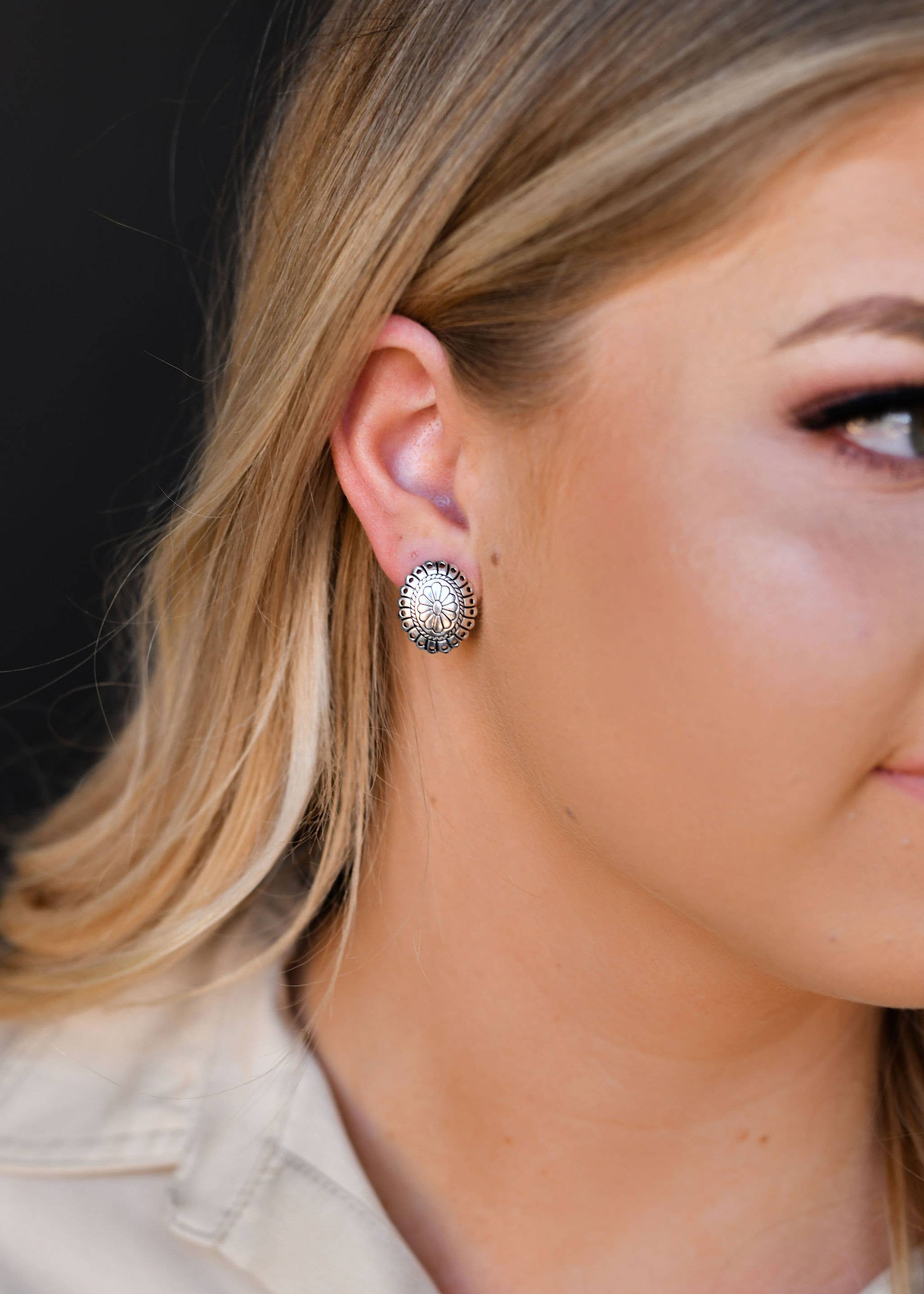 Small Burnished Silver Flower Stamped Concho Post Earring