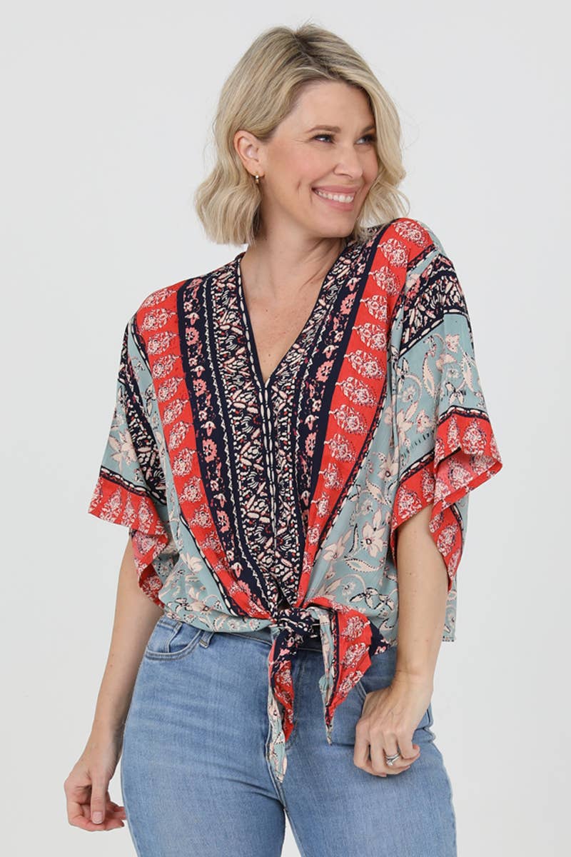 V Neck Floral Paisley Tie Front Blouse