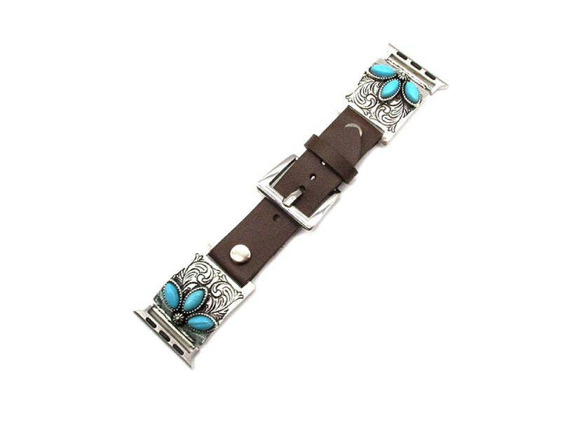 Watch strap with turquoise stones and silver accents on a white background