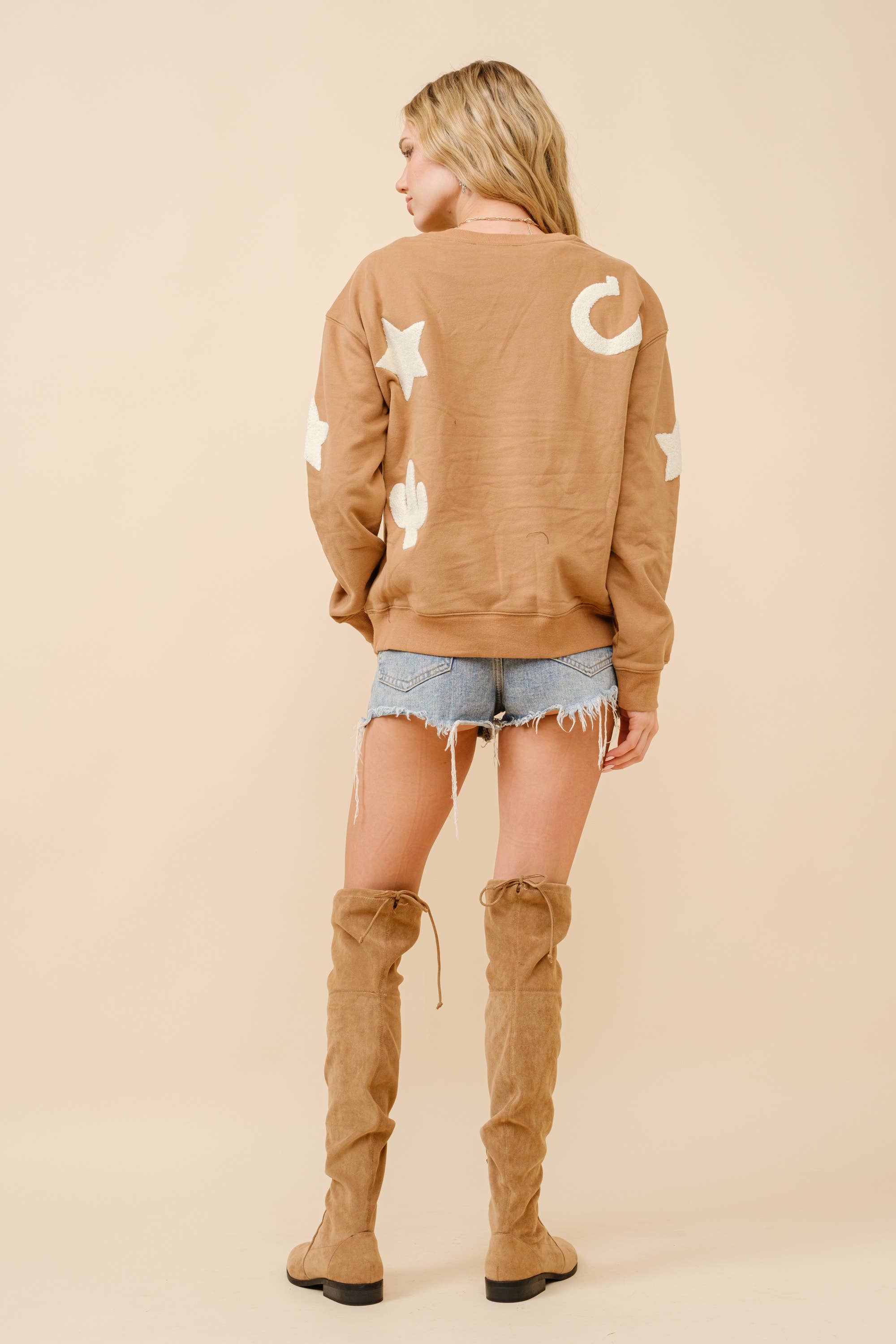 Western Textured Patchwork Sweatshirt, Tan
