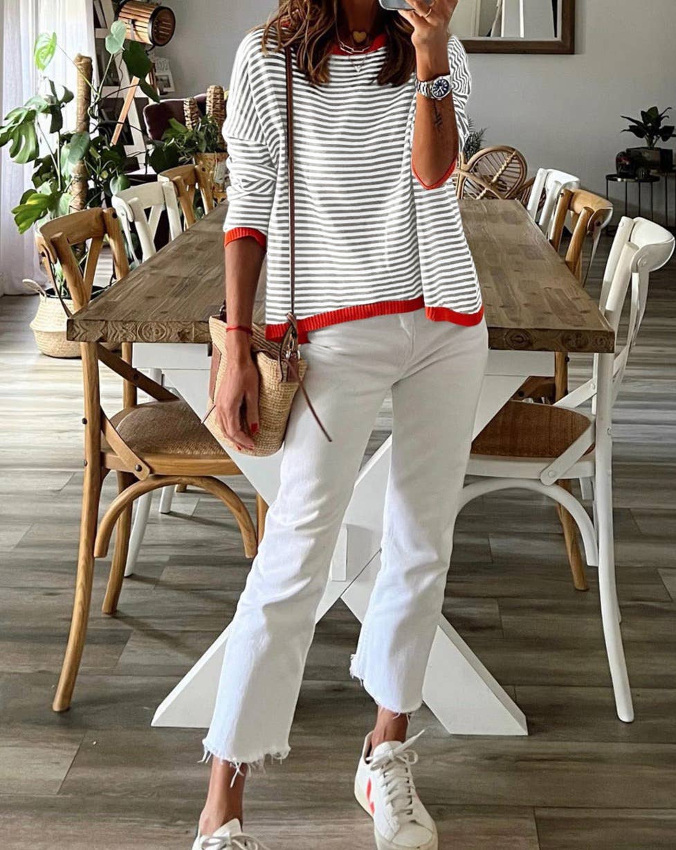 Stripe Contrast Drop Shoulder Sweater