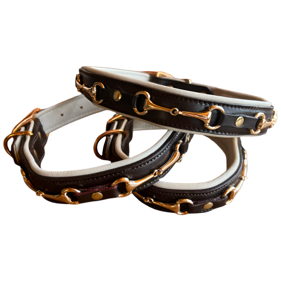 Snaffle Bit White Padded Leather Dog Collar