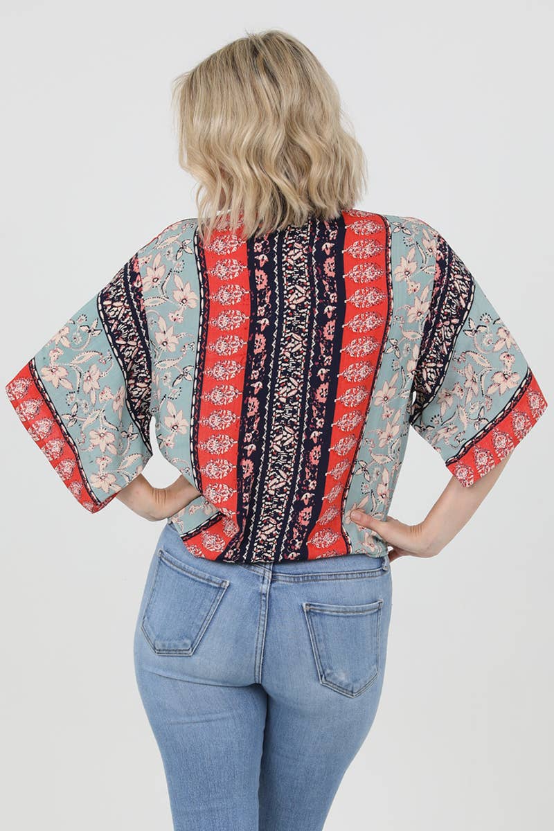 V Neck Floral Paisley Tie Front Blouse
