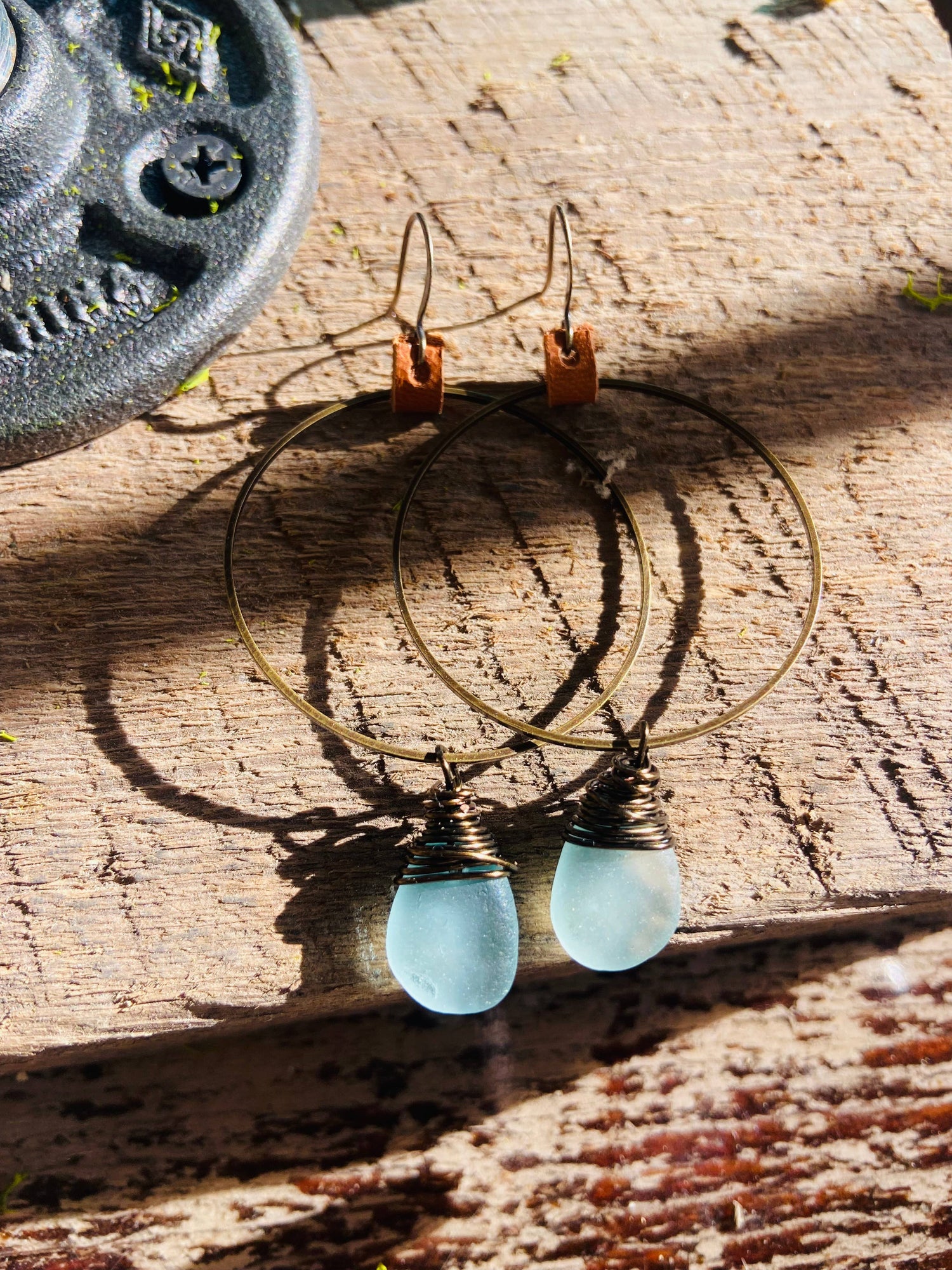 Large Brass Glass and Leather Hoops