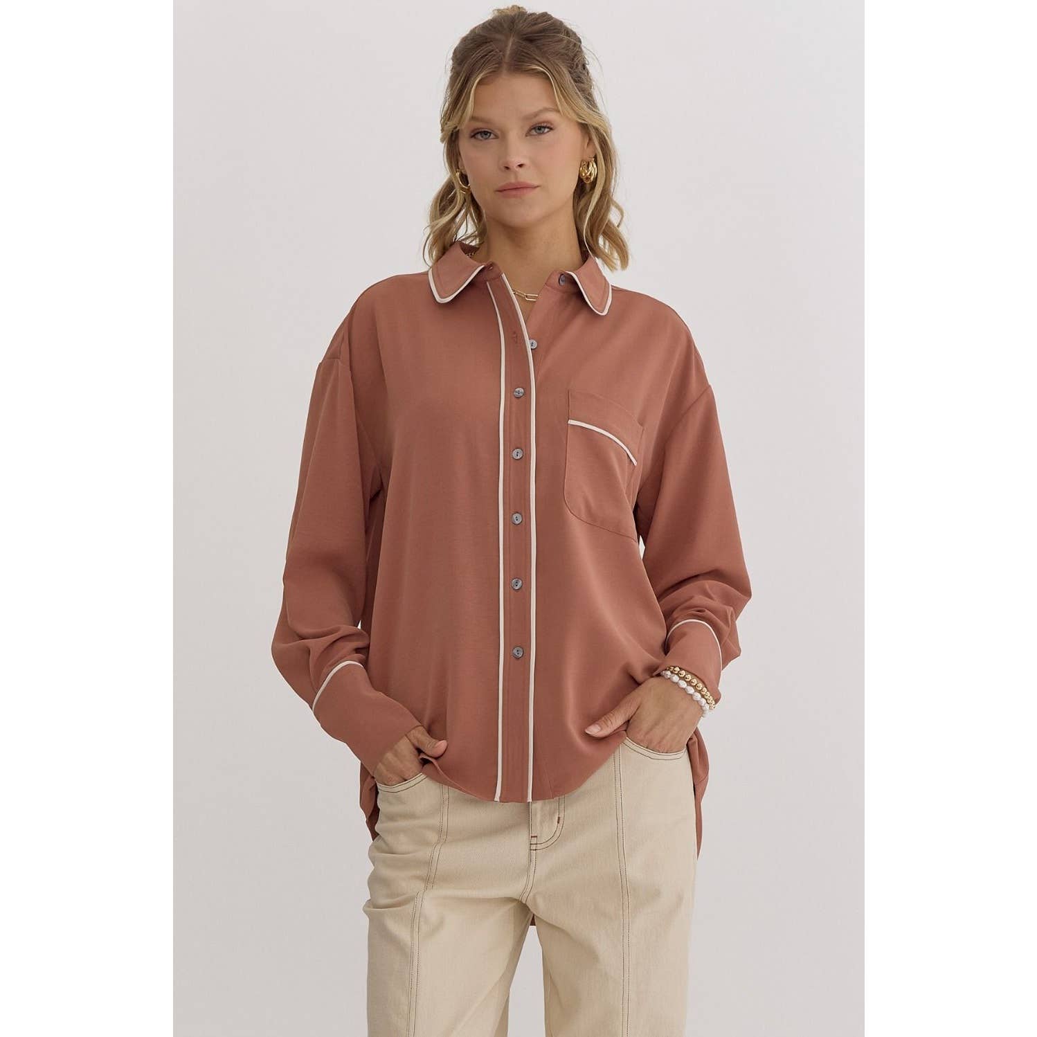 cinnamon color dress shirt Women's THML Many Possibilities Cinnamon Brown Button Up Mini Dress | Size: S