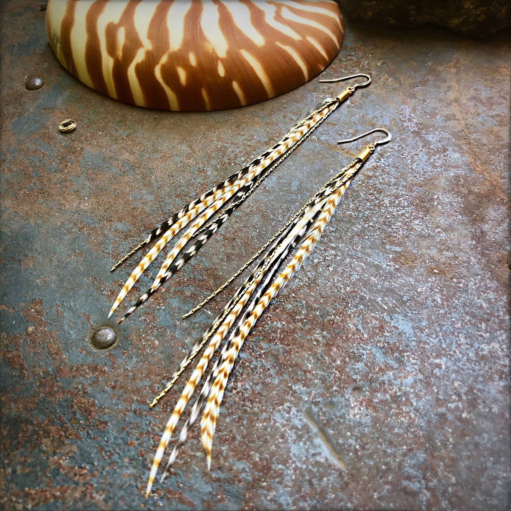 Mini Feather Earrings - Grizzly & Ginger/Gold, Boho Western: Grizzly & Ginger / Gold