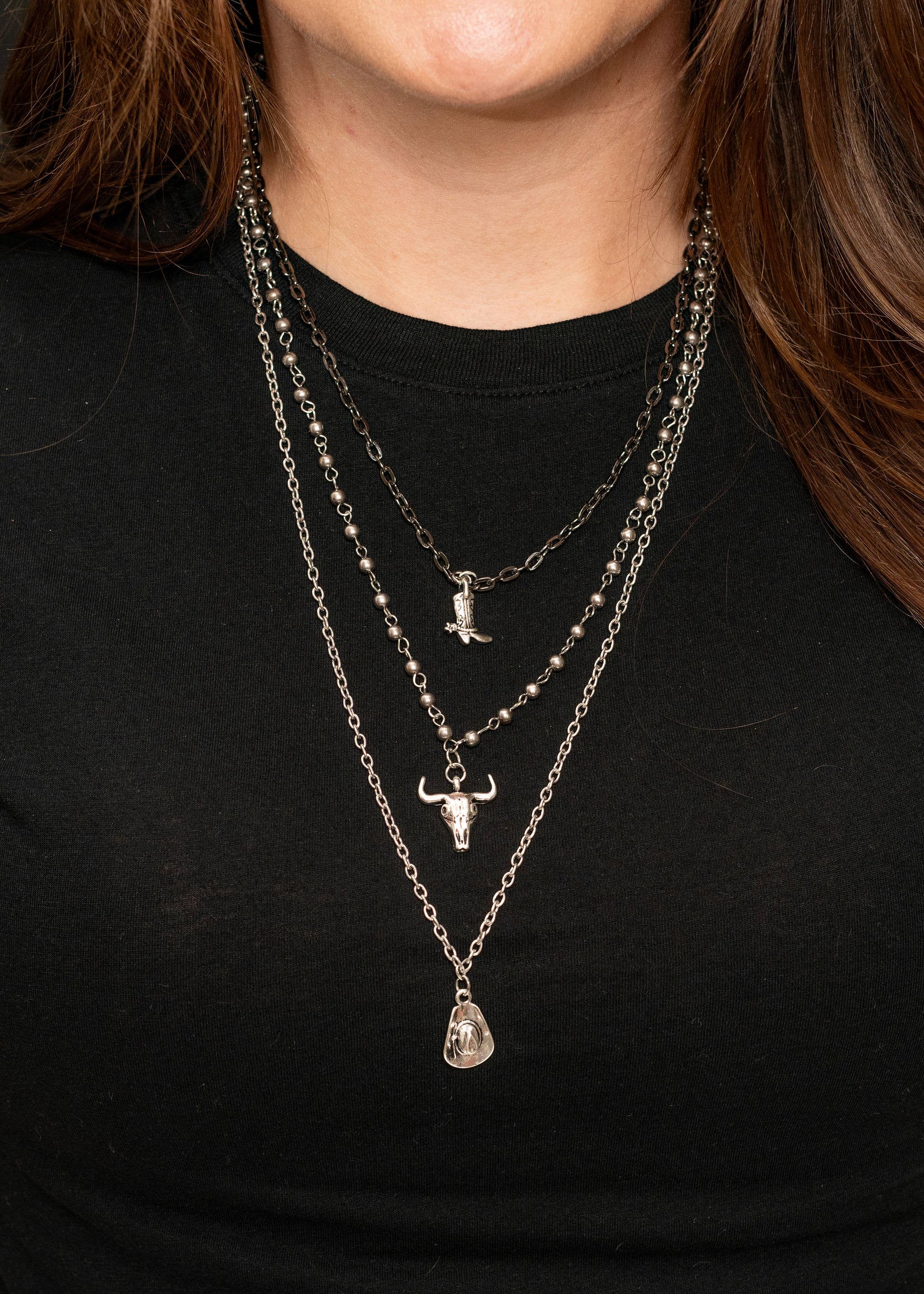 Cowboy Boot, Skull and Cowboy Hat Multi Layer Necklace