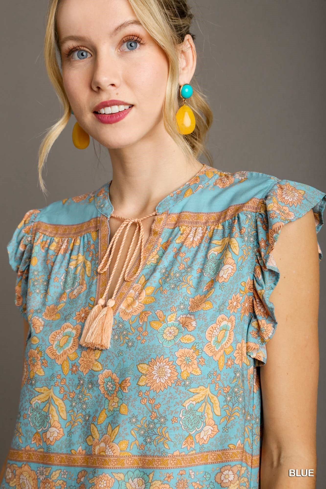 Boxy Cut Border Print Split Neck Top with Front Tassel Top