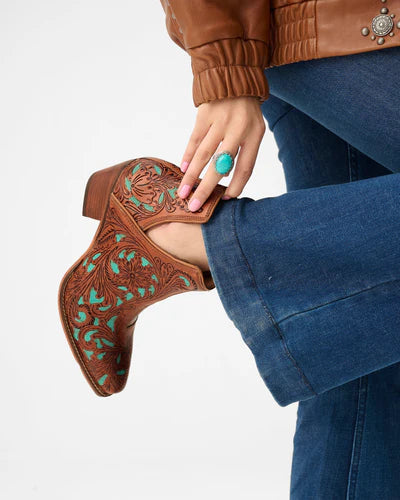 Loyal West X Myra Handtooled Booties in Turquoise Calfskin