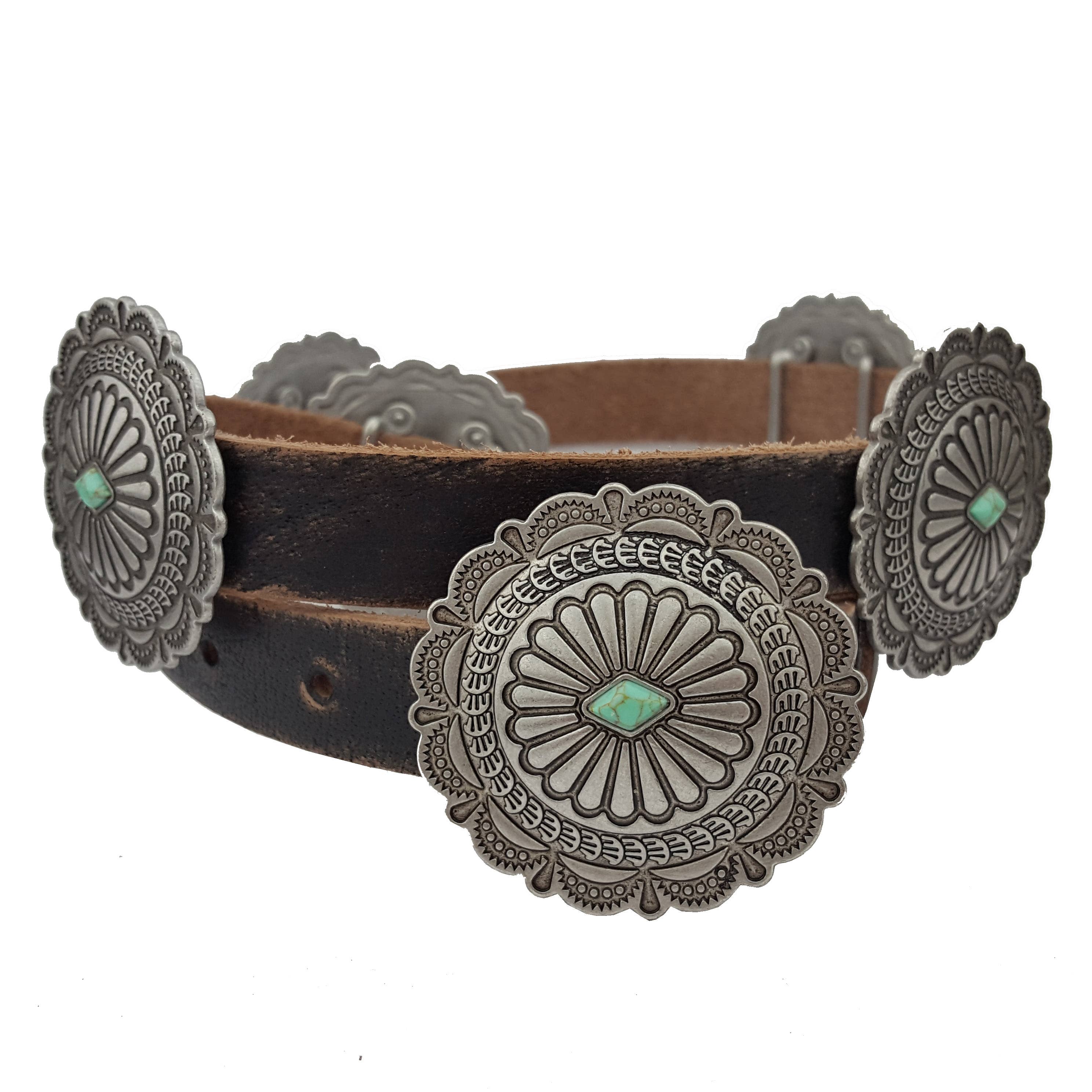 Ranchero Concho Belt featuring five sliding silver conchos with turquoise stone accents and a matching buckle, crafted from 100% genuine hand-distressed vintage leather.