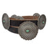 Ranchero Concho Belt featuring five sliding silver conchos with turquoise stone accents and a matching buckle, crafted from 100% genuine hand-distressed vintage leather.