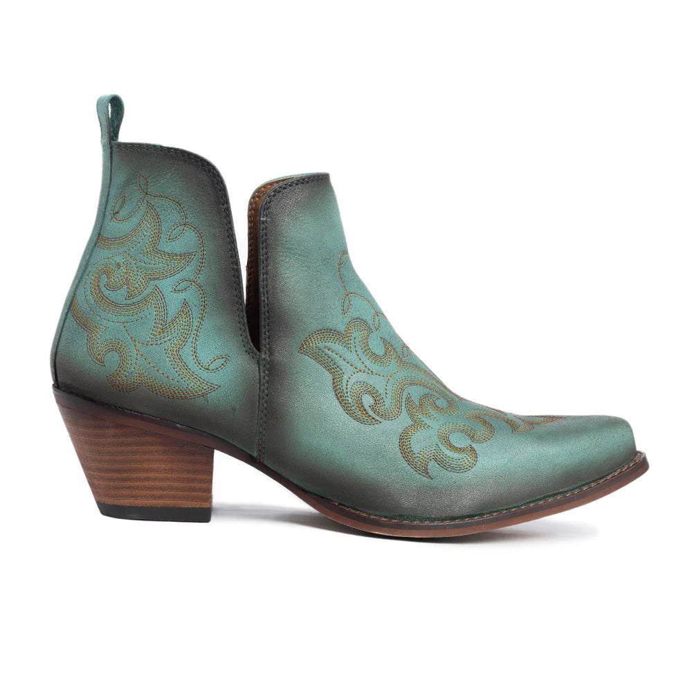 S-10624 Western Turquoise Ankle Boots featuring distressed turquoise leather, intricate tonal embroidery, deep V-cut sides, a stacked heel, and a pointed toe for a modern Western flair.