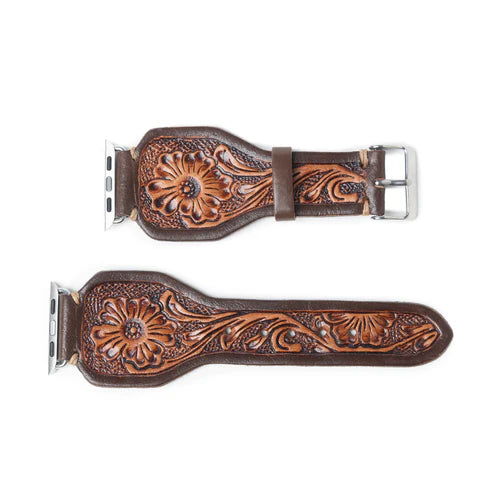 Lone Star Handtooled Leather Watch Band, Antique Mahogany