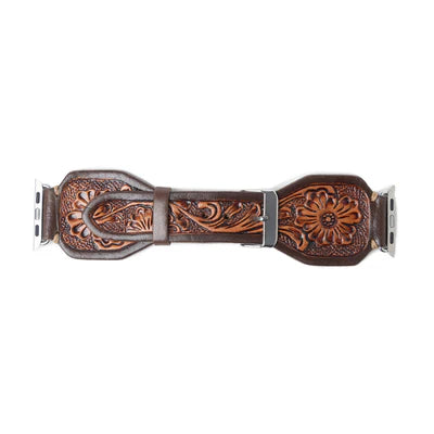 Lone Star Handtooled Leather Watch Band, Antique Mahogany