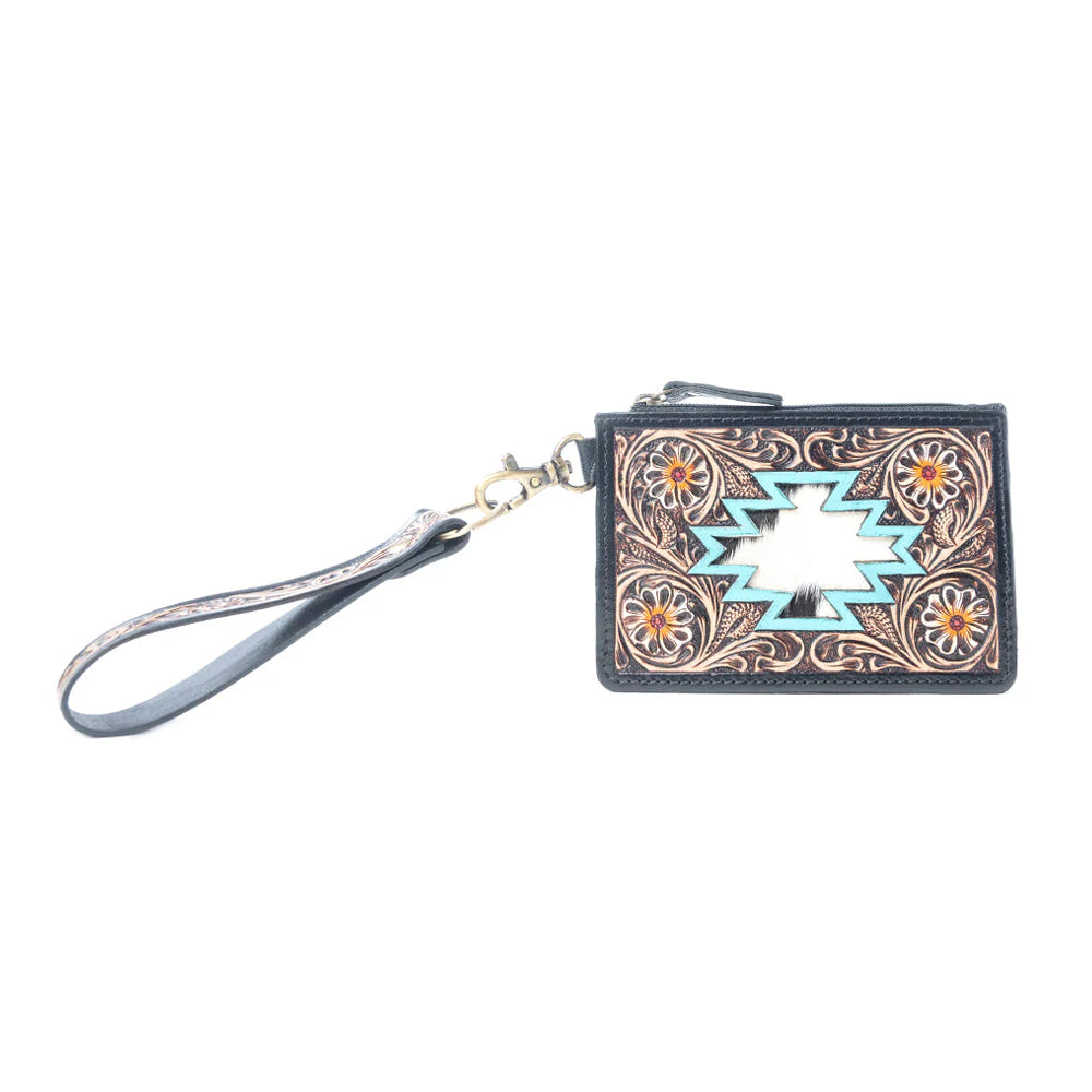 Navajo Sky Handtooled Hairon Leather Card Holder, Antique Brown