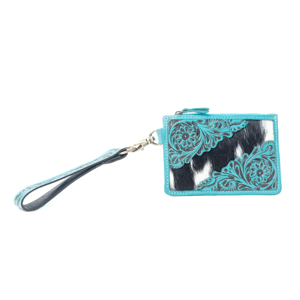 Sage River Handtooled Hairon Leather Card Holder, Frontier Aqua