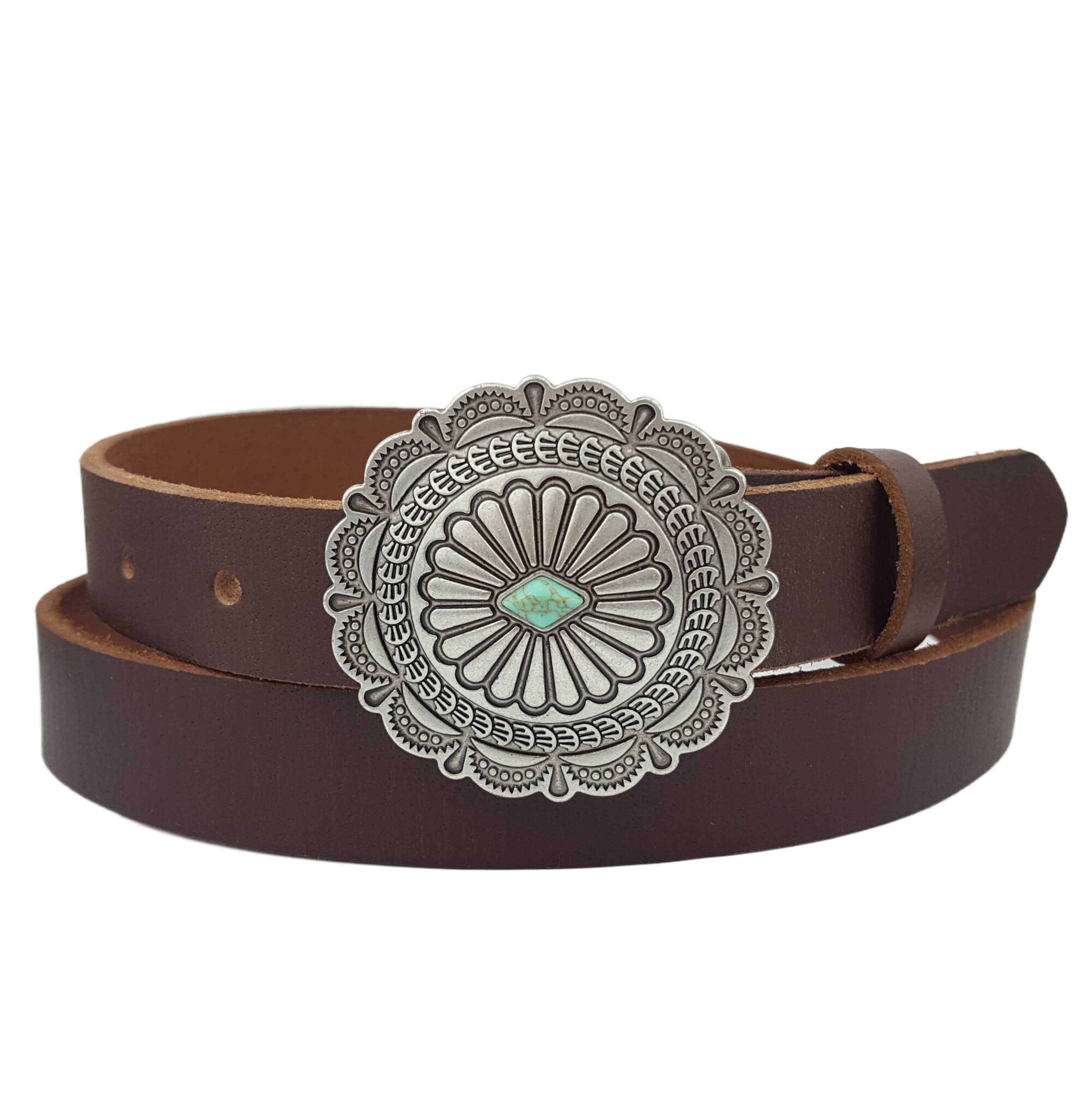 Silver Sage Concho Belt featuring a silver engraved concho buckle with a turquoise stone accent, crafted from genuine brown leather for a timeless Western look.