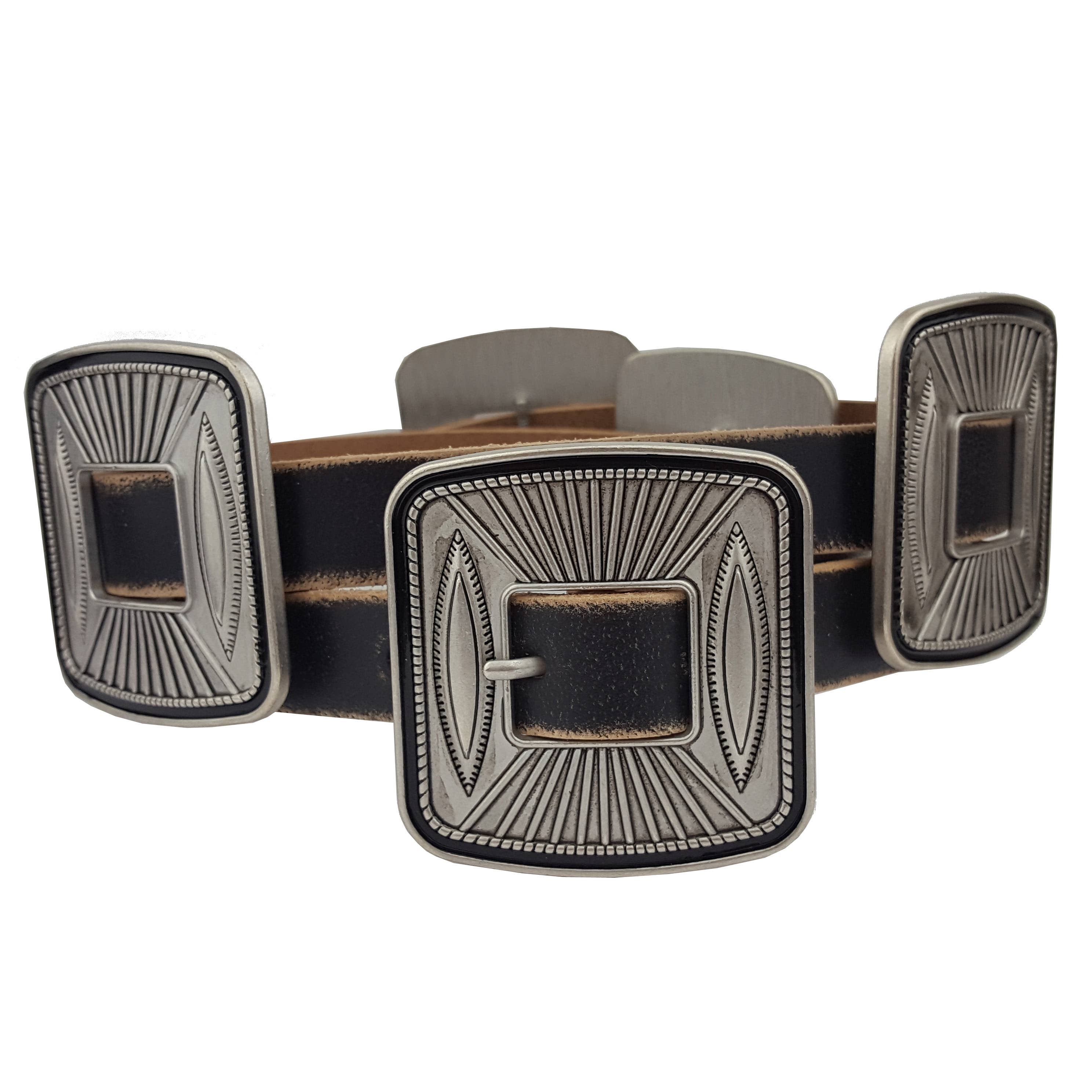 Silver Spur Concho Belt in Black featuring hand-distressed genuine leather and square silver conchos with intricate sunburst engravings. Available in multiple sizes for a perfect Western-inspired fit.