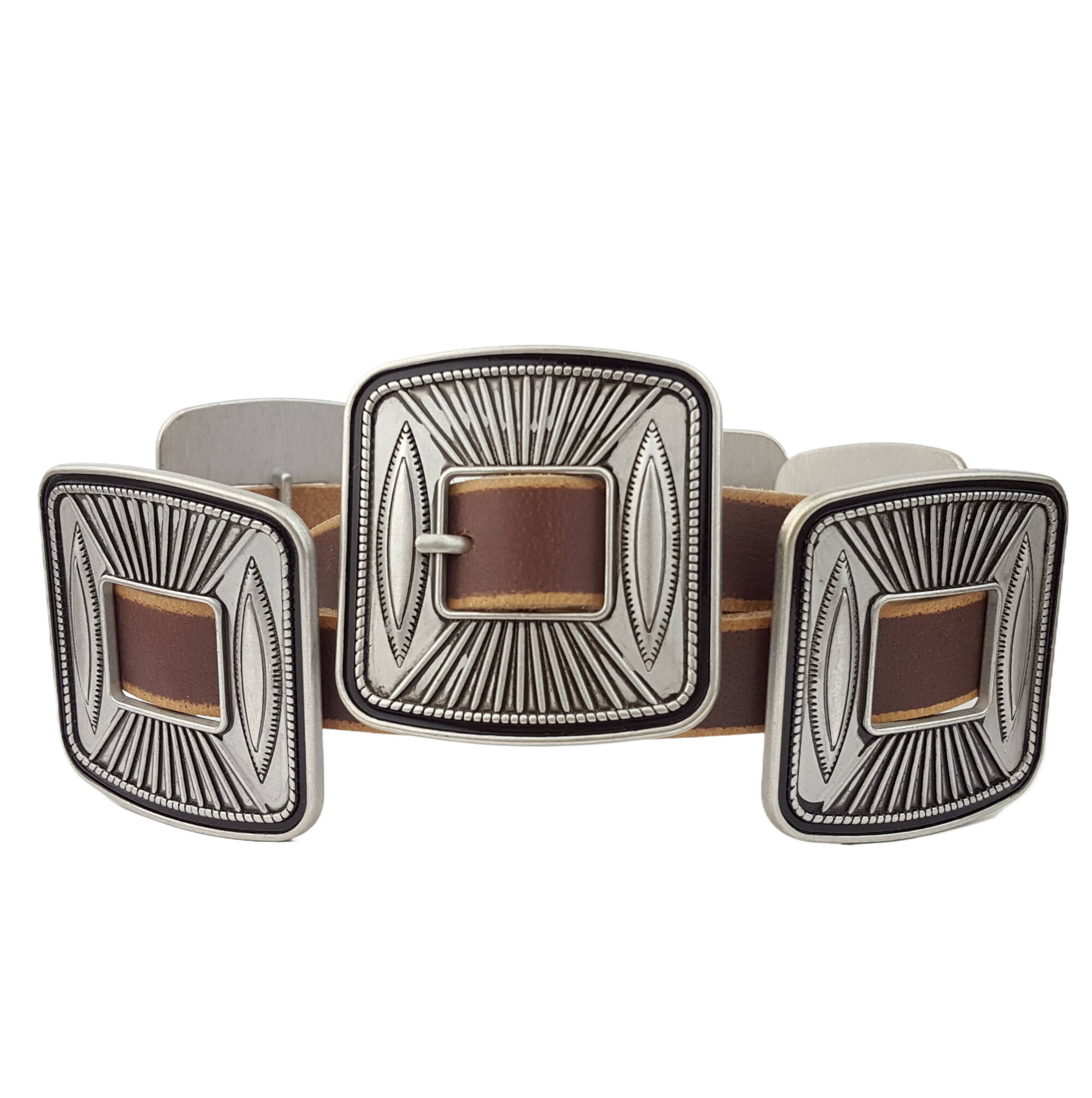 Silver Spur Concho Belt featuring hand-distressed genuine leather and square silver conchos with intricate sunburst engravings. Available in multiple sizes for a perfect Western-inspired fit.