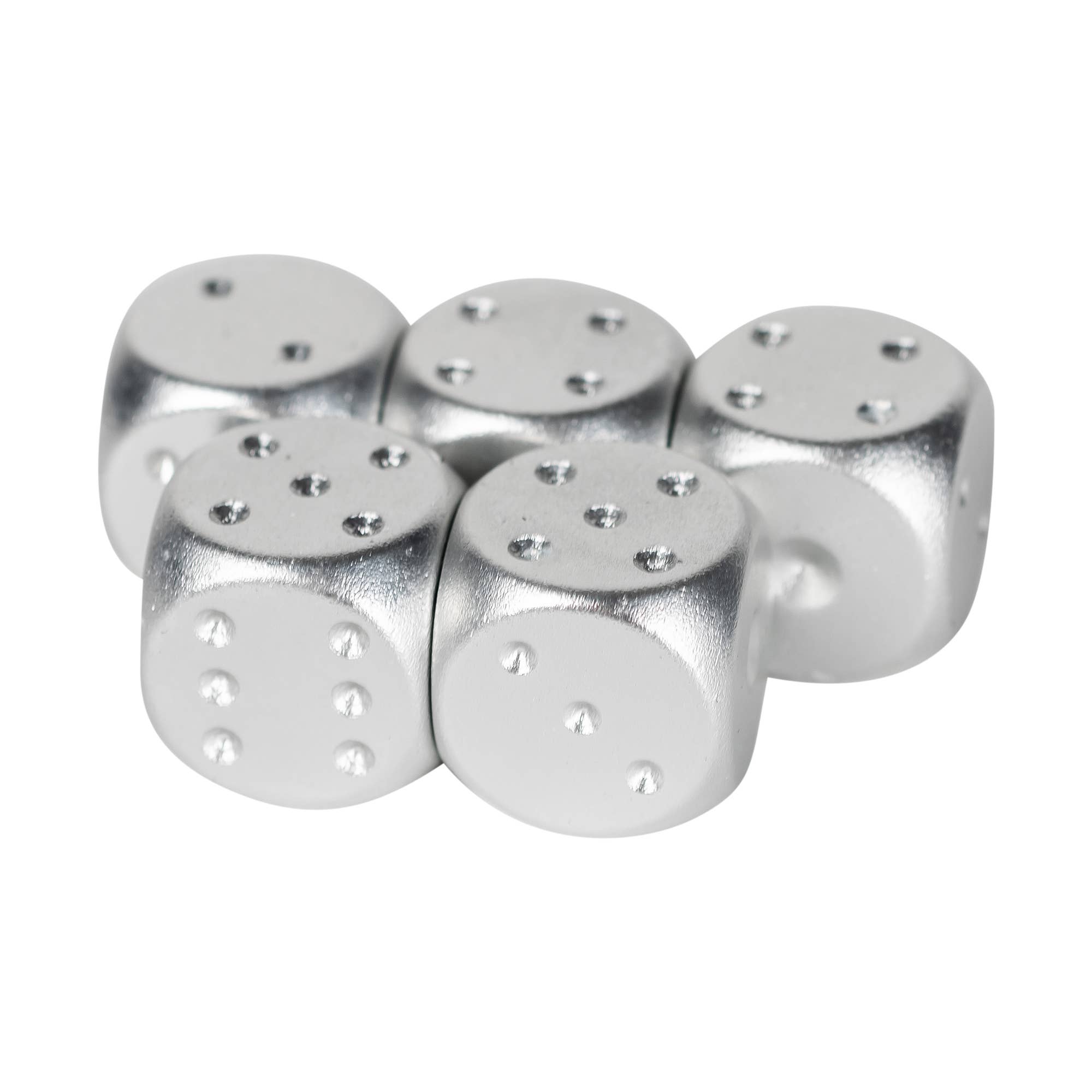 Set of silver metal dice on a white background