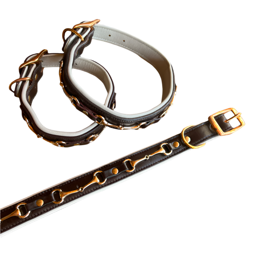 Snaffle Bit White Padded Leather Dog Collar