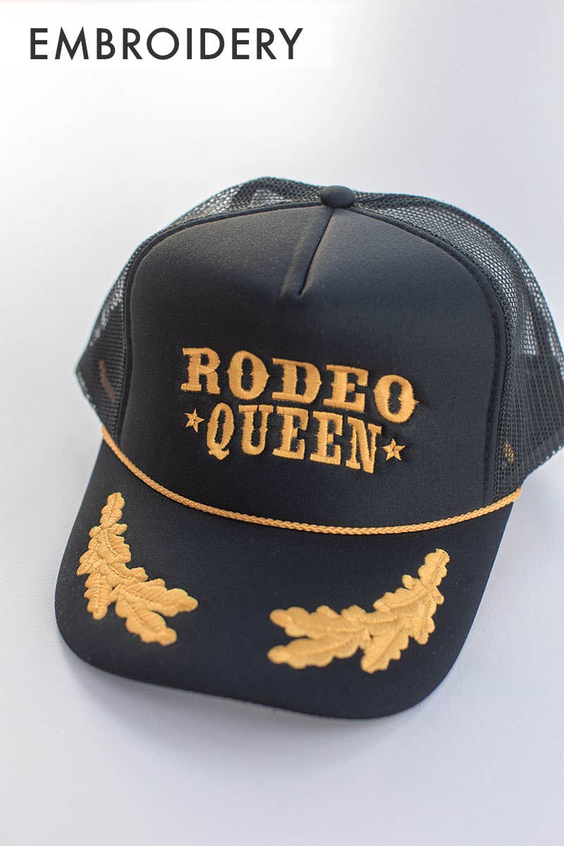 Western Rodeo Queen Trucker Hat Cap, Black Gold Leaf