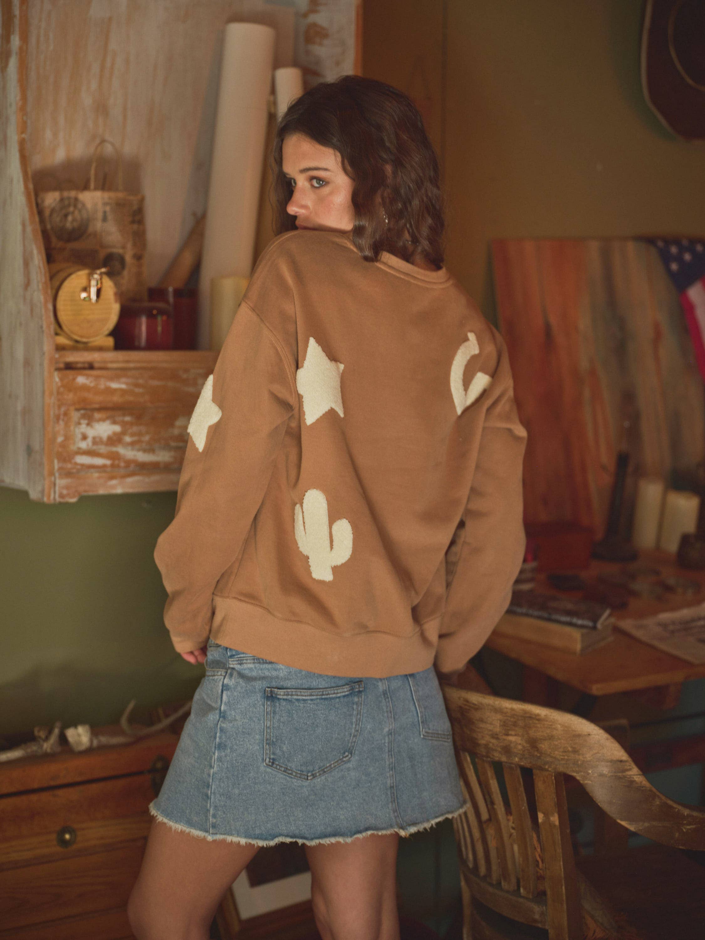Western Textured Patchwork Sweatshirt, Tan