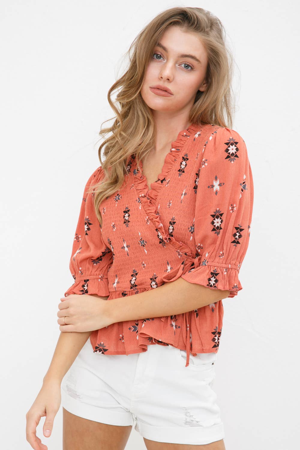 Aztec Geo Rayon Dobby Smocked Wrap Ruffle Peplum Top