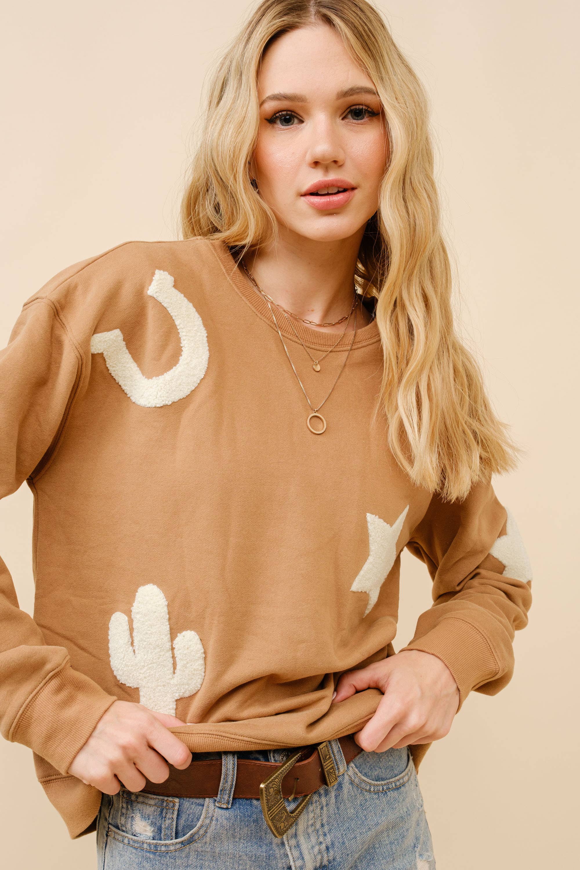 Western Textured Patchwork Sweatshirt, Tan