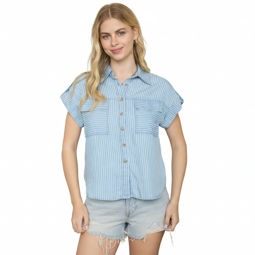 Lightweight striped chambray shirt with an easy, relaxed silhouette