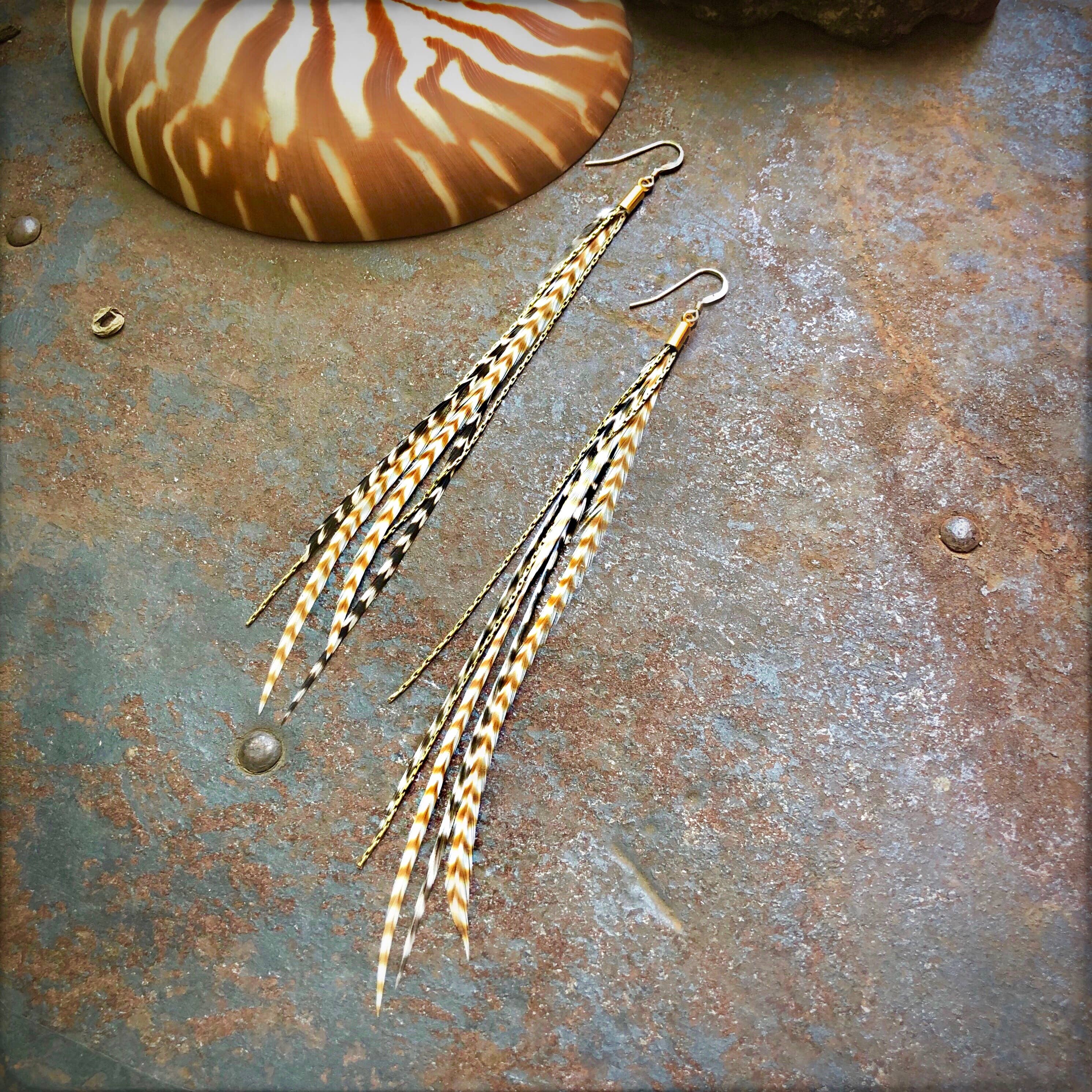 Mini Feather Earrings - Grizzly & Ginger/Gold, Boho Western: Grizzly & Ginger / Gold