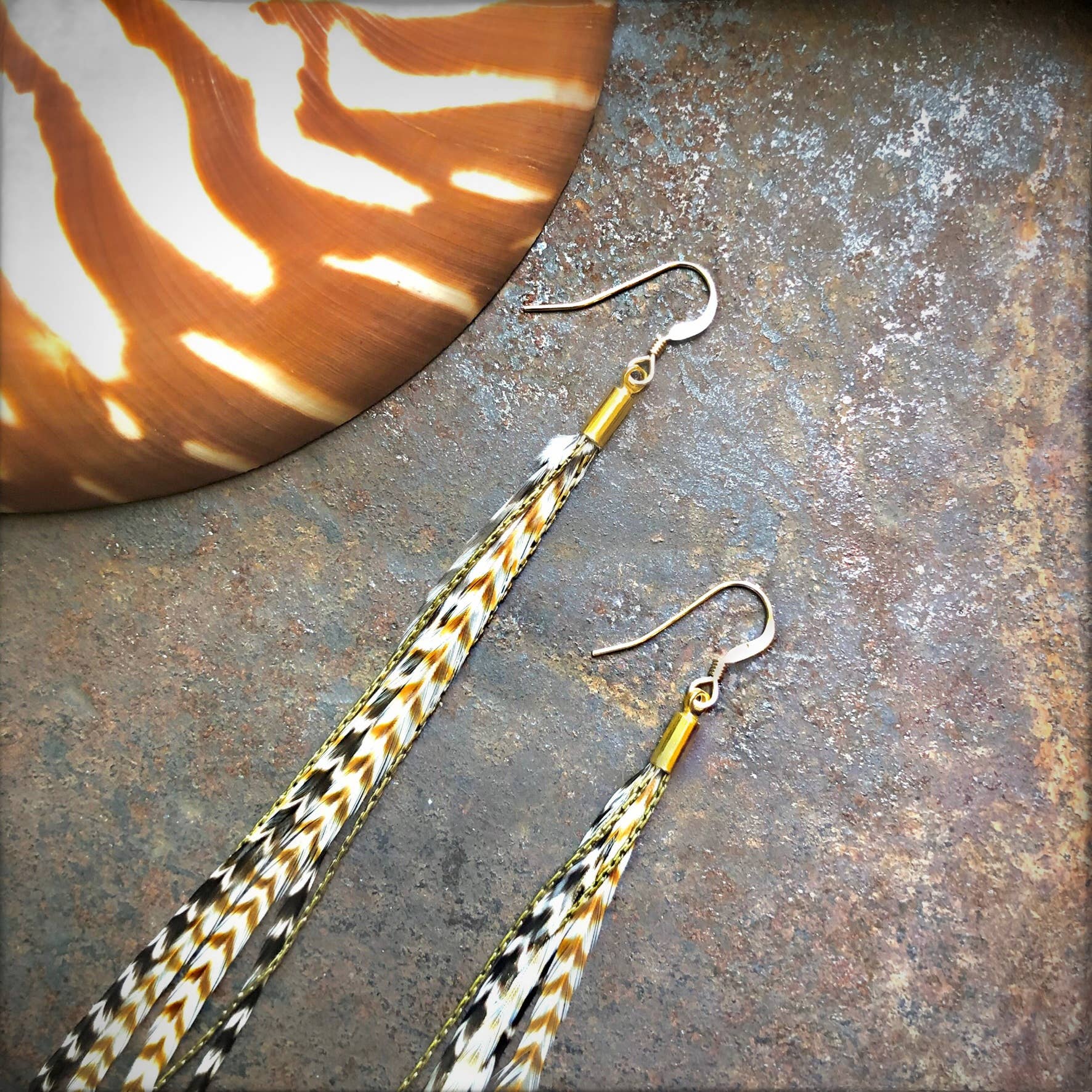 Mini Feather Earrings - Grizzly & Ginger/Gold, Boho Western: Grizzly & Ginger / Gold