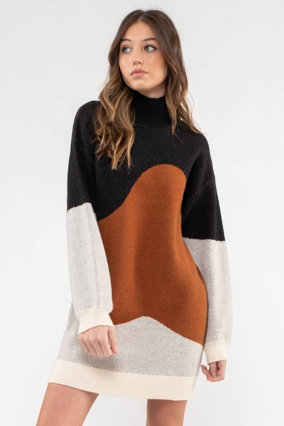 Blu Pepper Women's Mock Neck Abstract Colorblock Knit Sweater Dress - Black Multi Blu Pepper Women's Mock Neck Abstract Colorblock Knit Sweater Dress - Black Multi