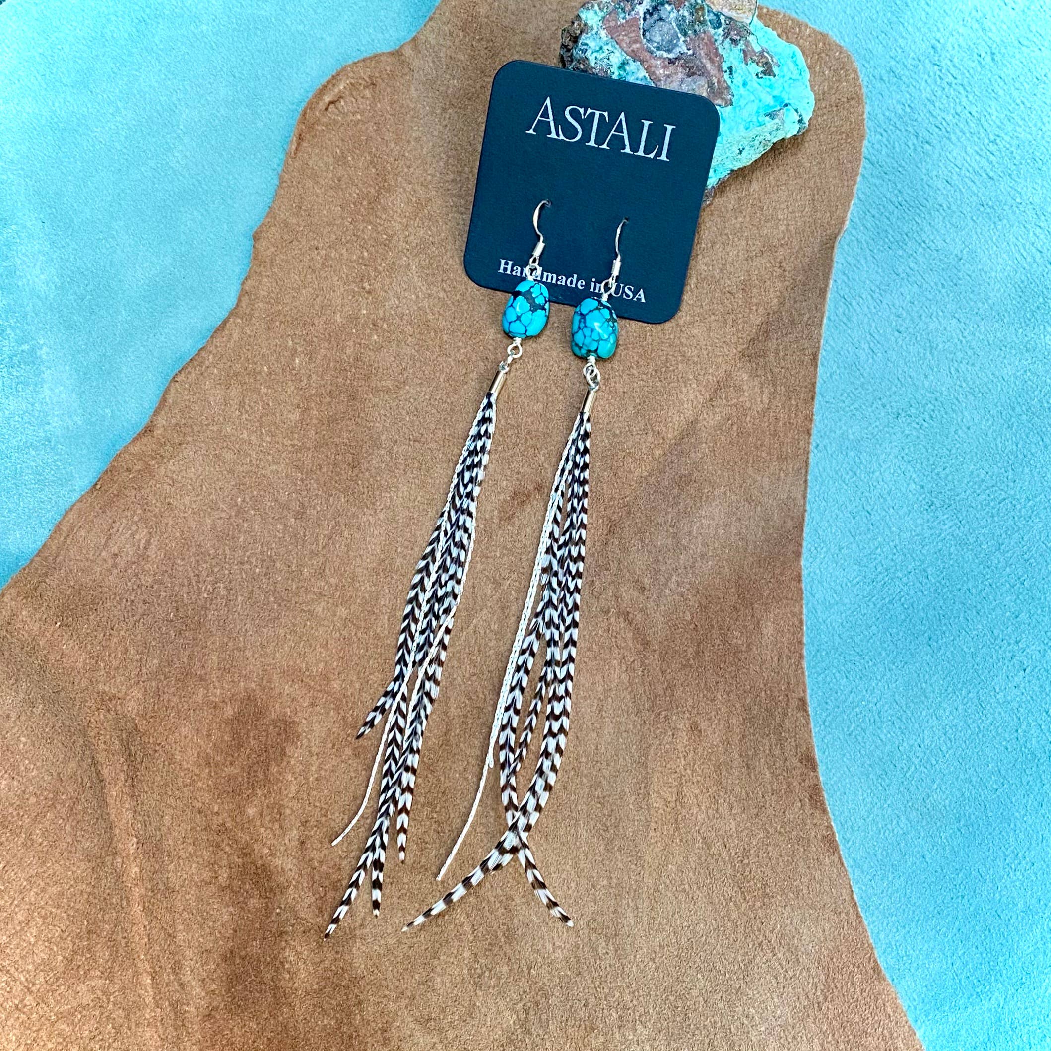 Turquoise & Mini Feather Earrings - Grizzly/Silver, Western: Grizzly / Silver